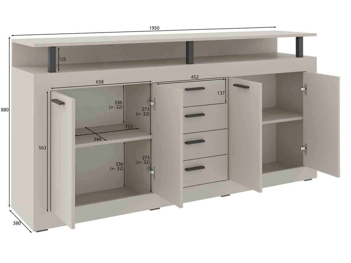 SIDEBOARD  in 195/88/38 cm  - Kaschmir/Anthrazit, Basics, Holzwerkstoff/Kunststoff (195/88/38cm) - Xora