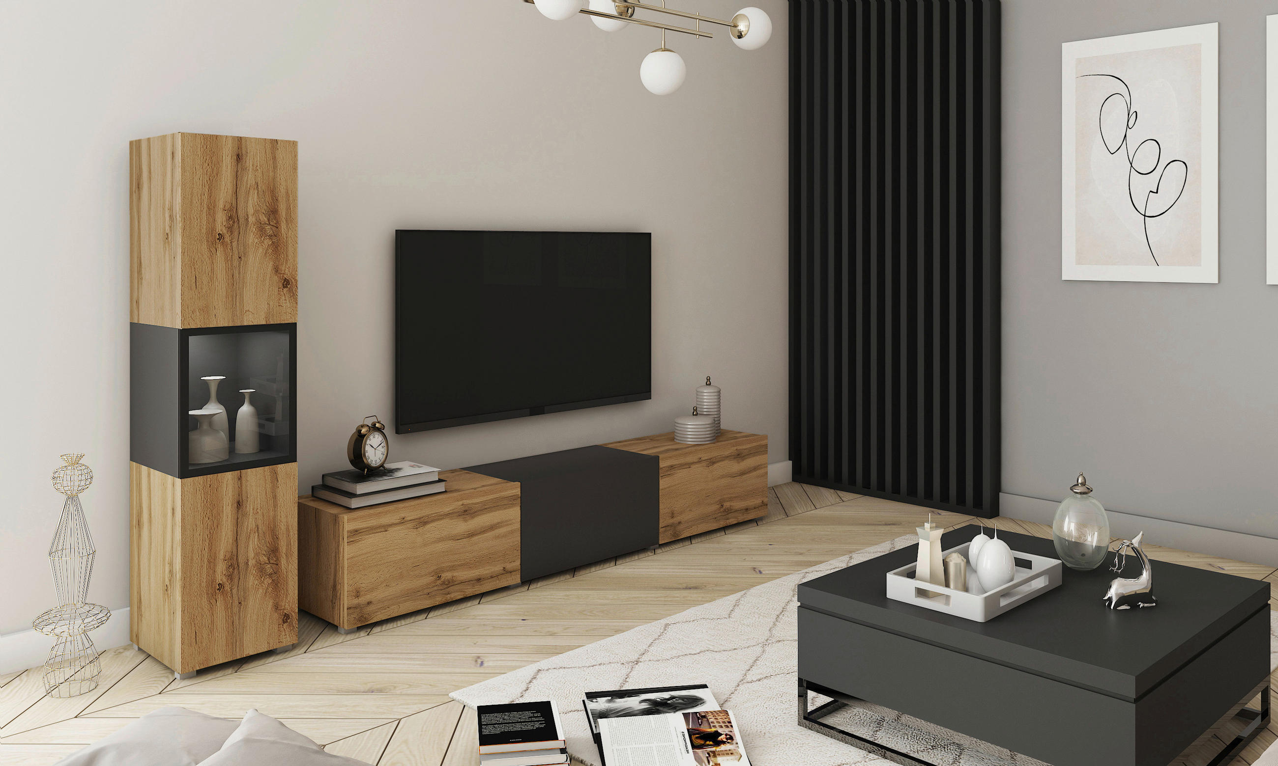 Ansamblu Mobilier Camera De Z, 2 piese, negru, stejar Wotan, 210/130/32,5 cm