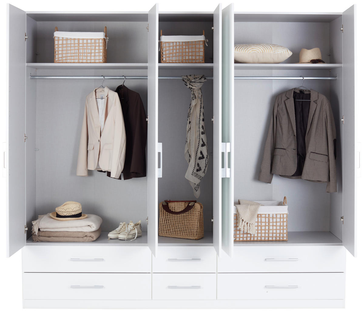 KLEIDERSCHRANK 226/210/54 cm 5-türig Weiß  - Silberfarben/Weiß, MODERN, Glas/Holzwerkstoff (226/210/54cm) - MID.YOU
