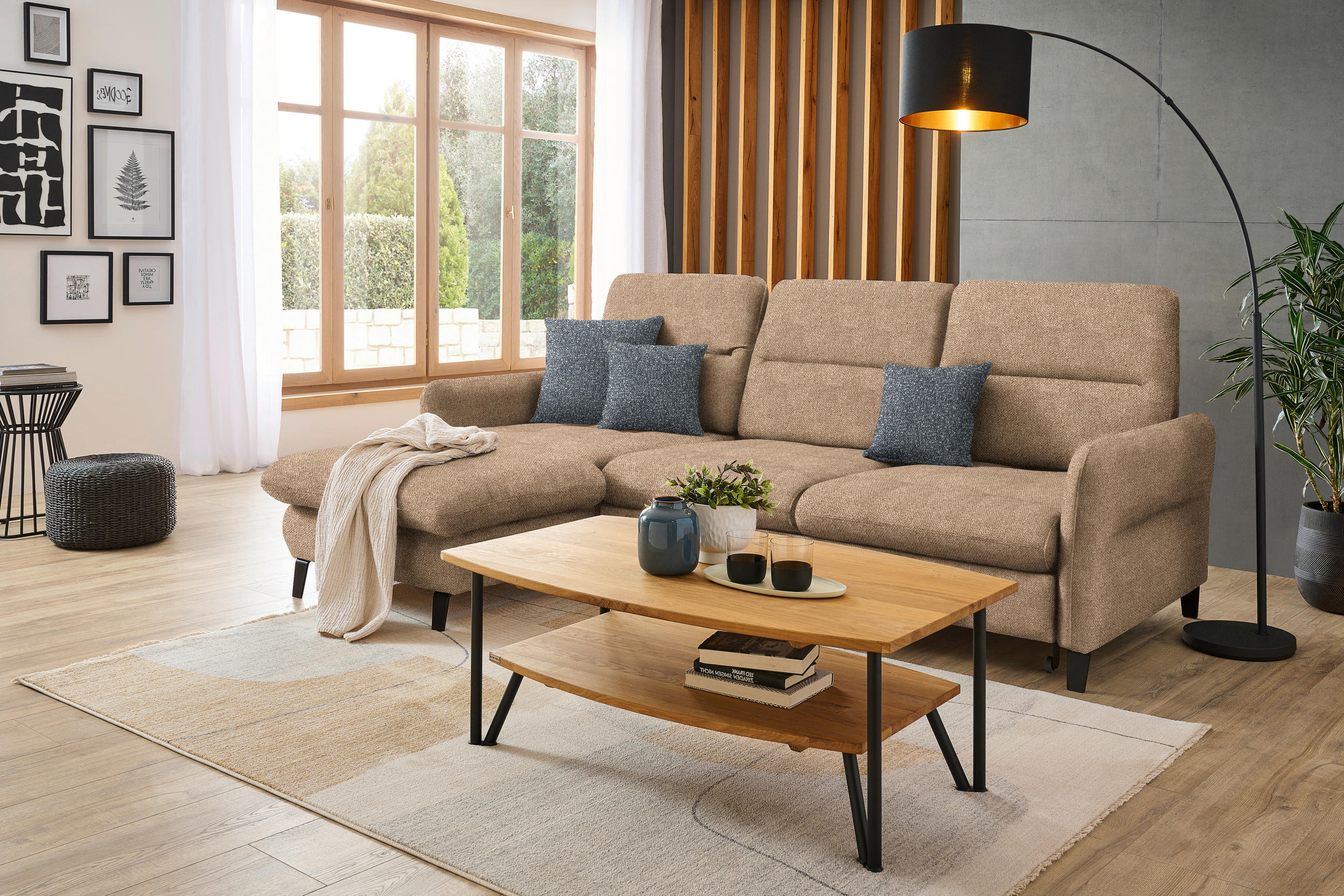 ECKSOFA Hellbraun Plüsch  - Hellbraun/Schwarz, KONVENTIONELL, Textil/Metall (190/254cm) - Livetastic