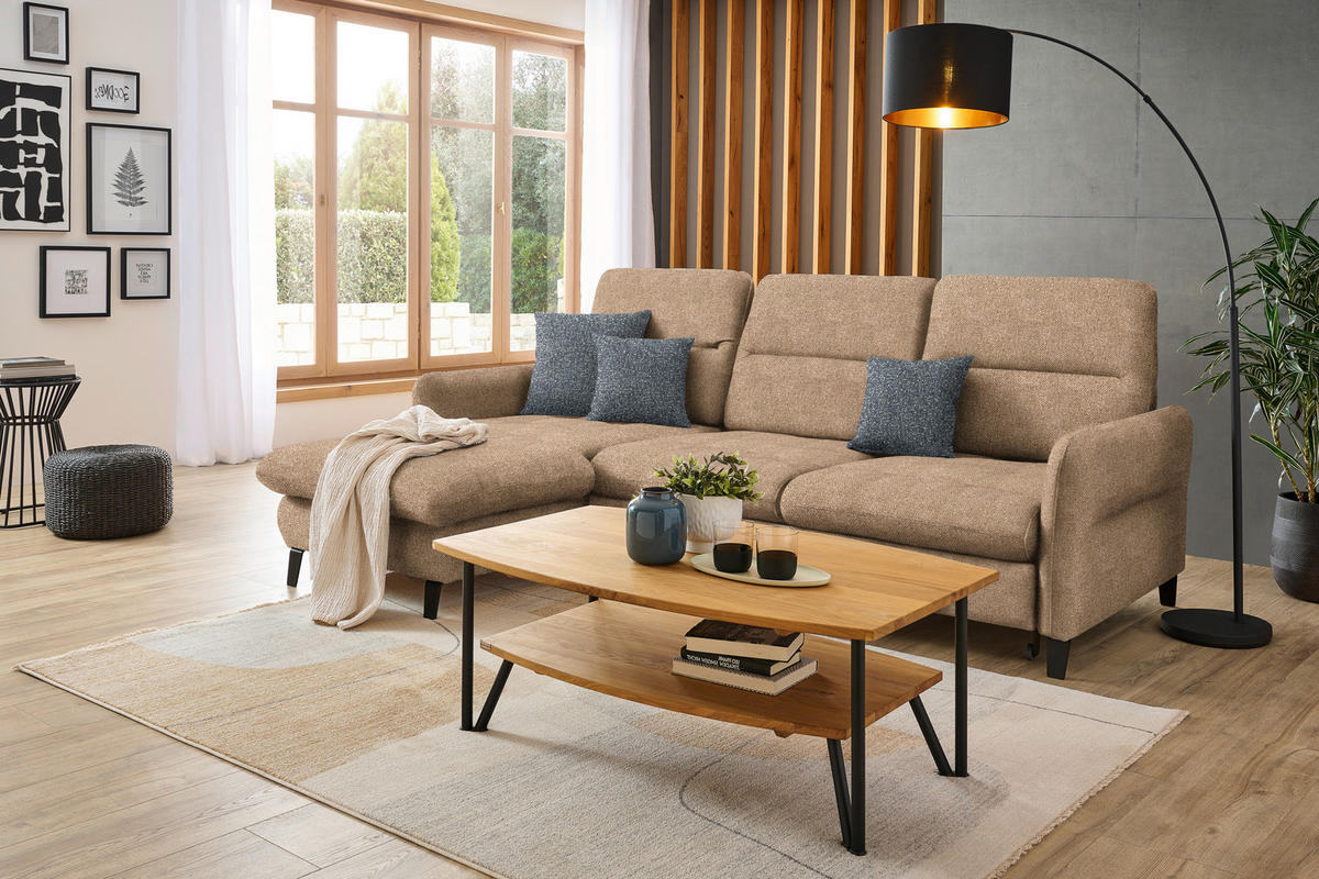 ECKSOFA Hellbraun Plüsch  - Hellbraun/Schwarz, KONVENTIONELL, Textil/Metall (190/254cm) - Livetastic