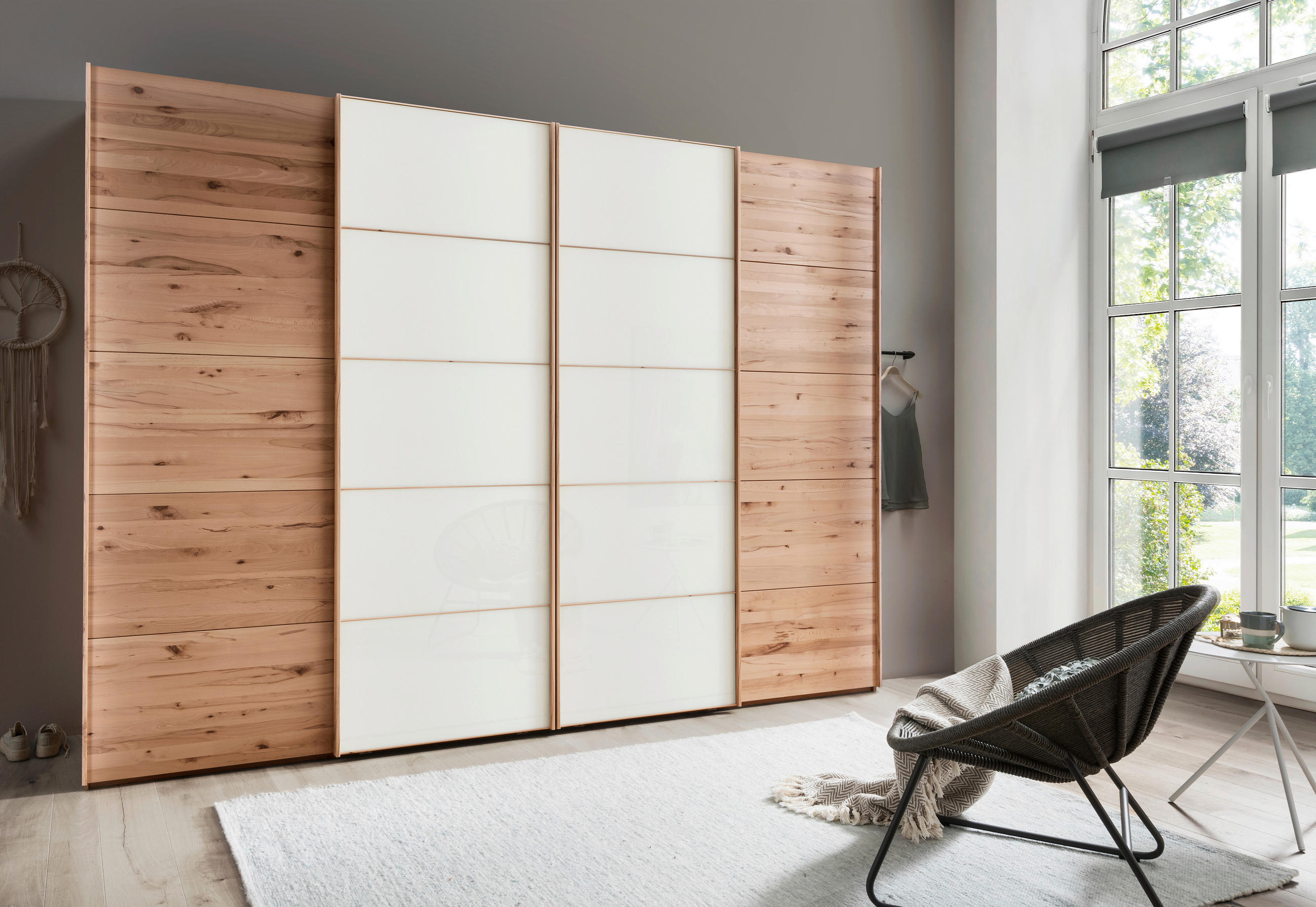 SCHWEBETÜRENSCHRANK 330/217/67 cm 4-türig Weiß, Buchefarben  - Buchefarben/Weiß, Natur, Glas/Holz (330/217/67cm) - Linea Natura