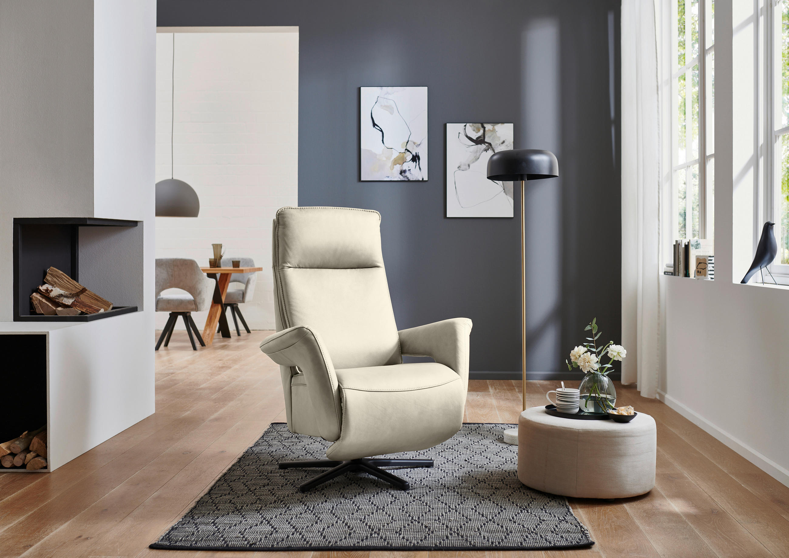 RELAXSESSEL in Leder Ecru  - Ecru/Schwarz, Design, Leder/Metall (83/112/87-174cm) - Valdera