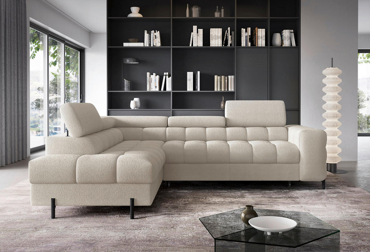 ECKSOFA FERUCCE Creme Teddystoff Bettkasten, Kopfteilverstellung  - Creme/Schwarz, Design, Textil/Metall (200/276cm) - MID.YOU
