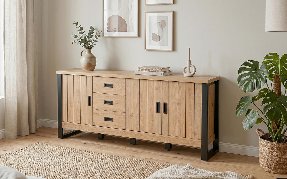 SIDEBOARD  173,4/75/39 cm 3 Schublade(n)  - Eichefarben/Schwarz, KONVENTIONELL, Holzwerkstoff/Metall (173,4/75/39cm) - MID.YOU