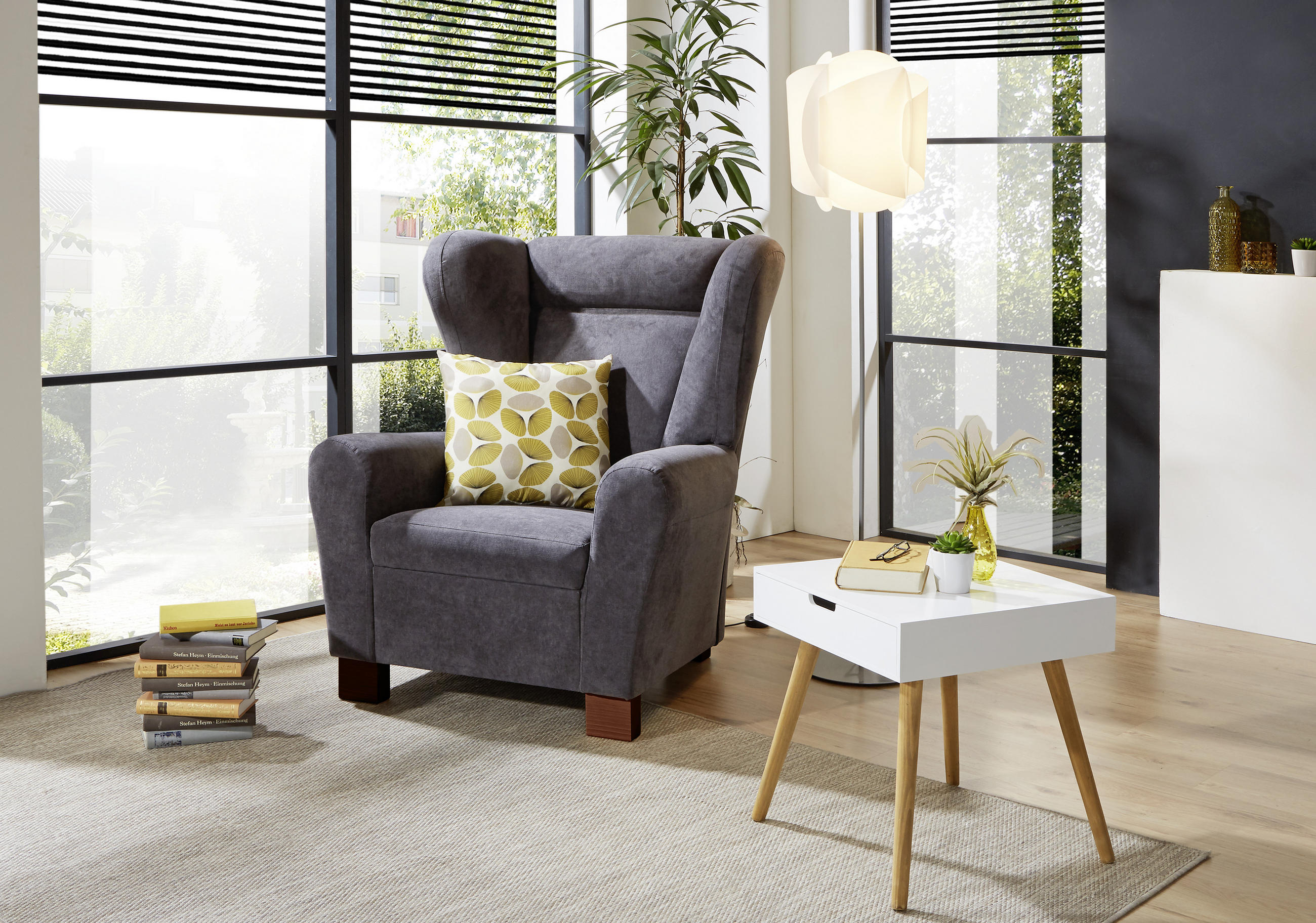 OHRENSESSEL Flachgewebe Anthrazit    - Anthrazit/Braun, Design, Holz/Textil (95/109/97cm) - Livetastic