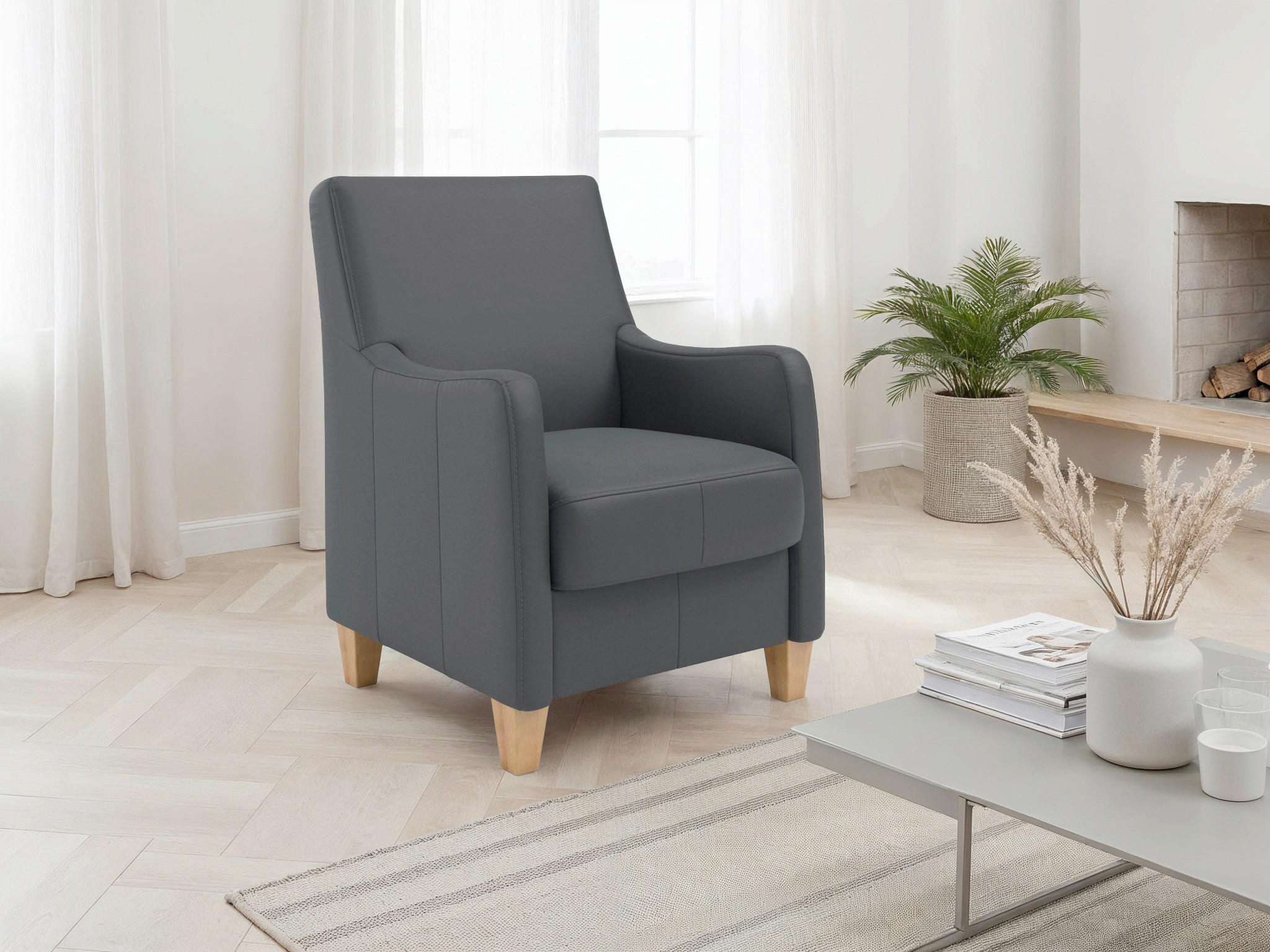 SESSEL in Echtleder Schwarz  - Eichefarben/Schwarz, Basics, Leder/Holz (70/93/75cm) - Sit & More