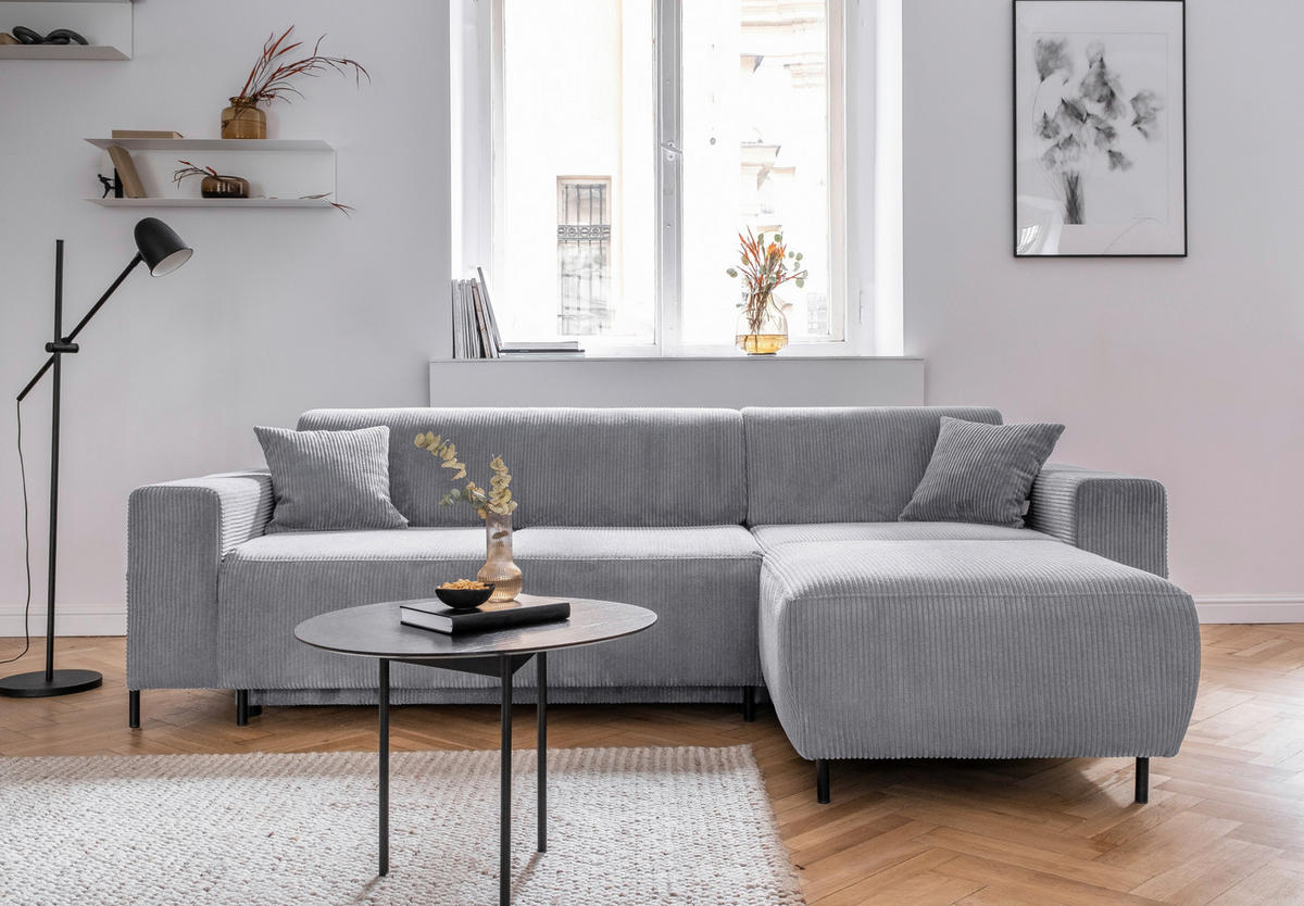 ECKSOFA in Cord Hellgrau  - Hellgrau/Schwarz, Textil/Metall (260/165cm) - MID.YOU