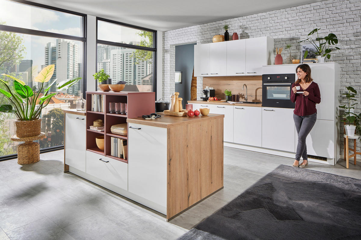 BUCĂTĂRIE FĂRĂ ELECTROCASNICE  - alb/culoare lemn stejar, Konventionell, metal/material pe bază de lemn (300cm) - Welnova