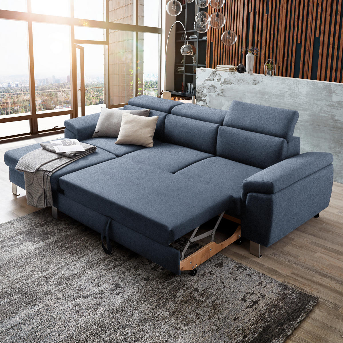 ECKSOFA in Webstoff Blau  - Blau/Silberfarben, Design, Textil/Metall (167/250cm) - Xora