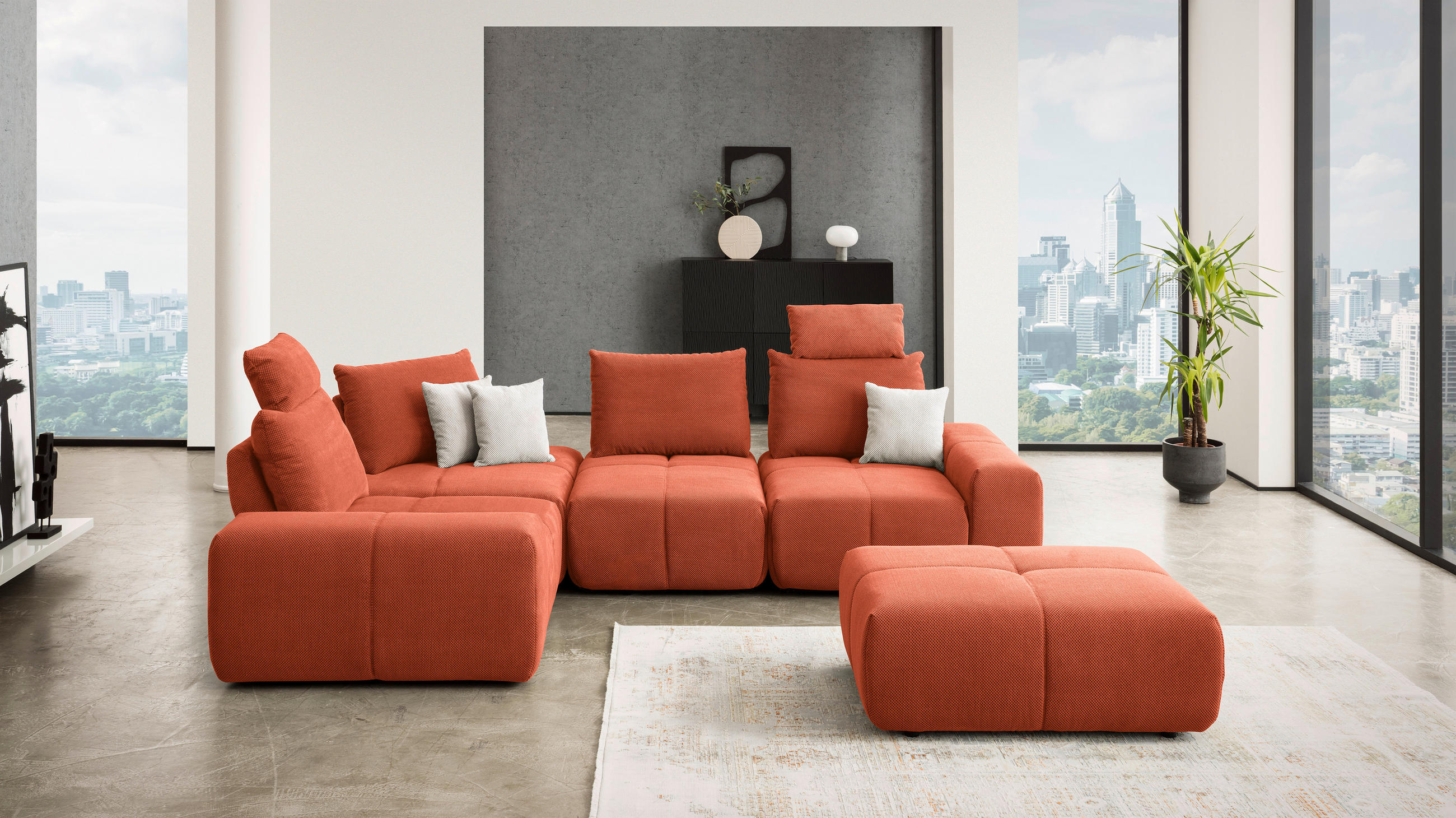ECKSOFA in Velours Terracotta - Terracotta/Schwarz, Design, Kunststoff/Textil (236/326cm) - Xora