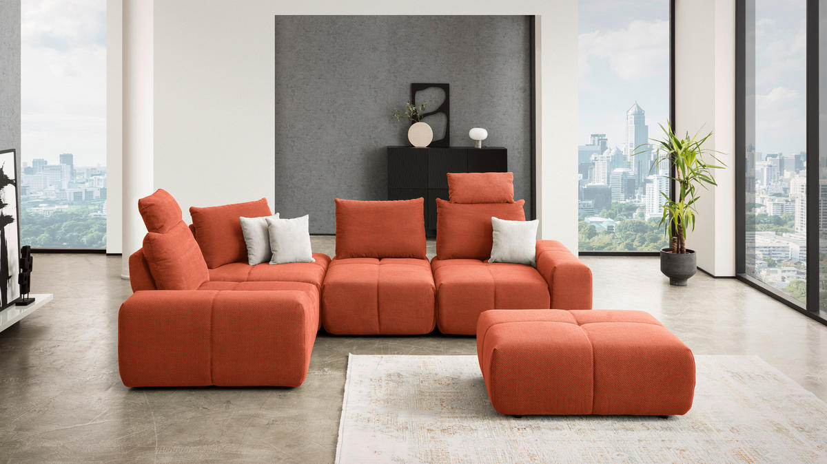 ECKSOFA in Velours Terracotta  - Terracotta/Schwarz, Design, Kunststoff/Textil (236/326cm) - Xora