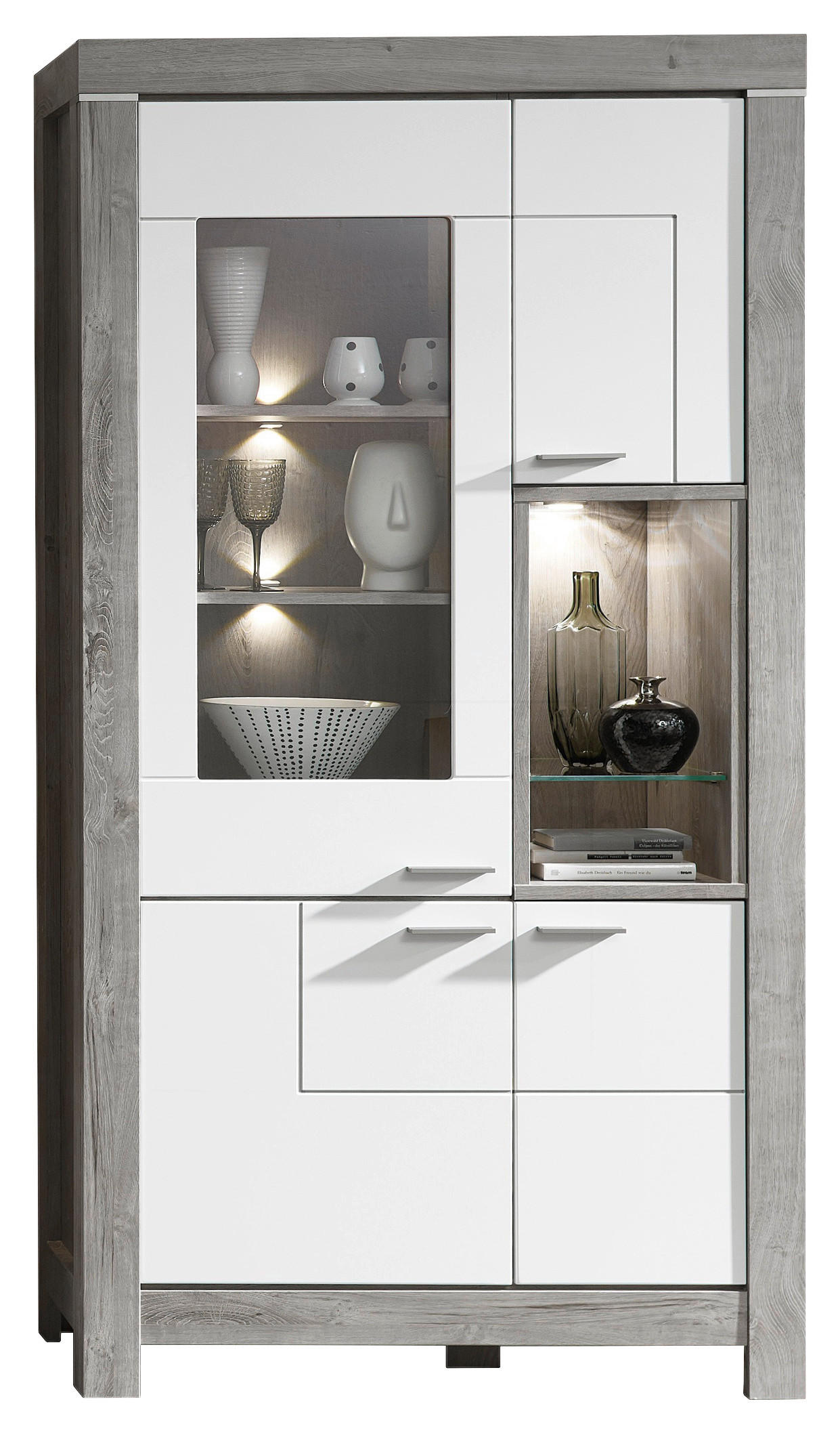 VITRINE Weiß, Eichefarben - Eichefarben/Silberfarben, LIFESTYLE, Glas/Holzwerkstoff (100/200/42cm) - Landscape