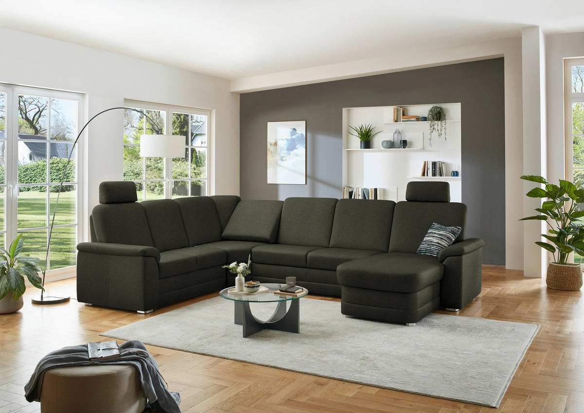 WOHNLANDSCHAFT  in Chenille Dunkelgrün  - Dunkelgrün/Alufarben, KONVENTIONELL, Holz/Textil (235/329/160cm) - Beldomo Comfort