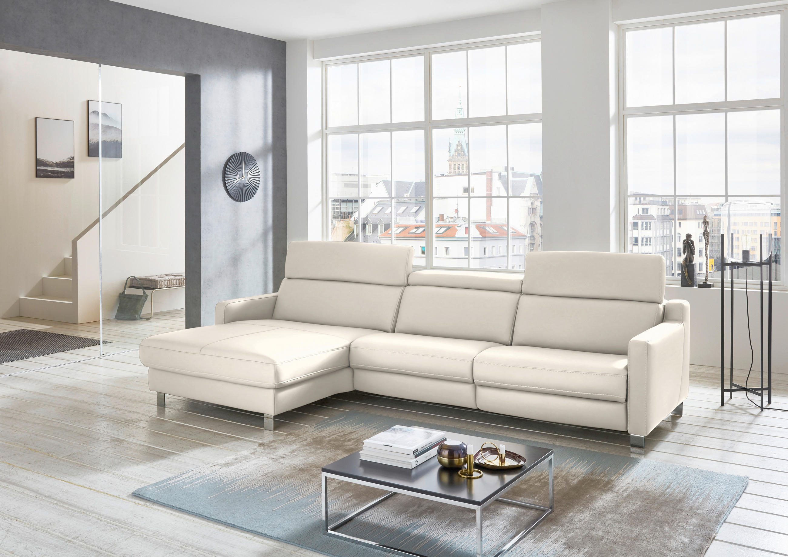 ECKSOFA in Echtleder Beige  - Chromfarben/Beige, Design, Leder/Metall (176/291cm) - Valdera