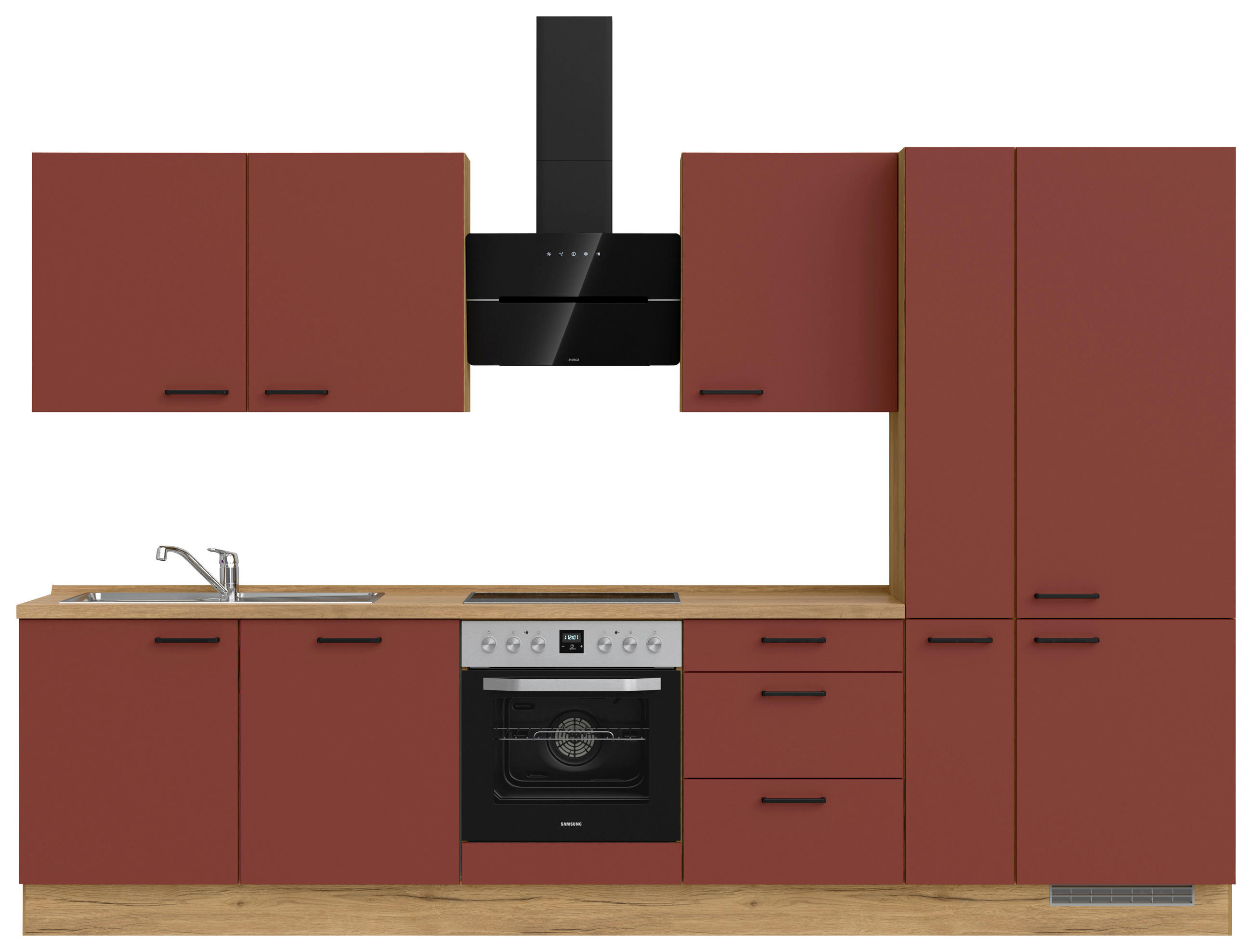 KÜCHENLEERBLOCK 330 cm   in Rot, Eichefarben  - Eichefarben/Rot, MODERN, Holzwerkstoff/Metall (330cm) - Nobilia