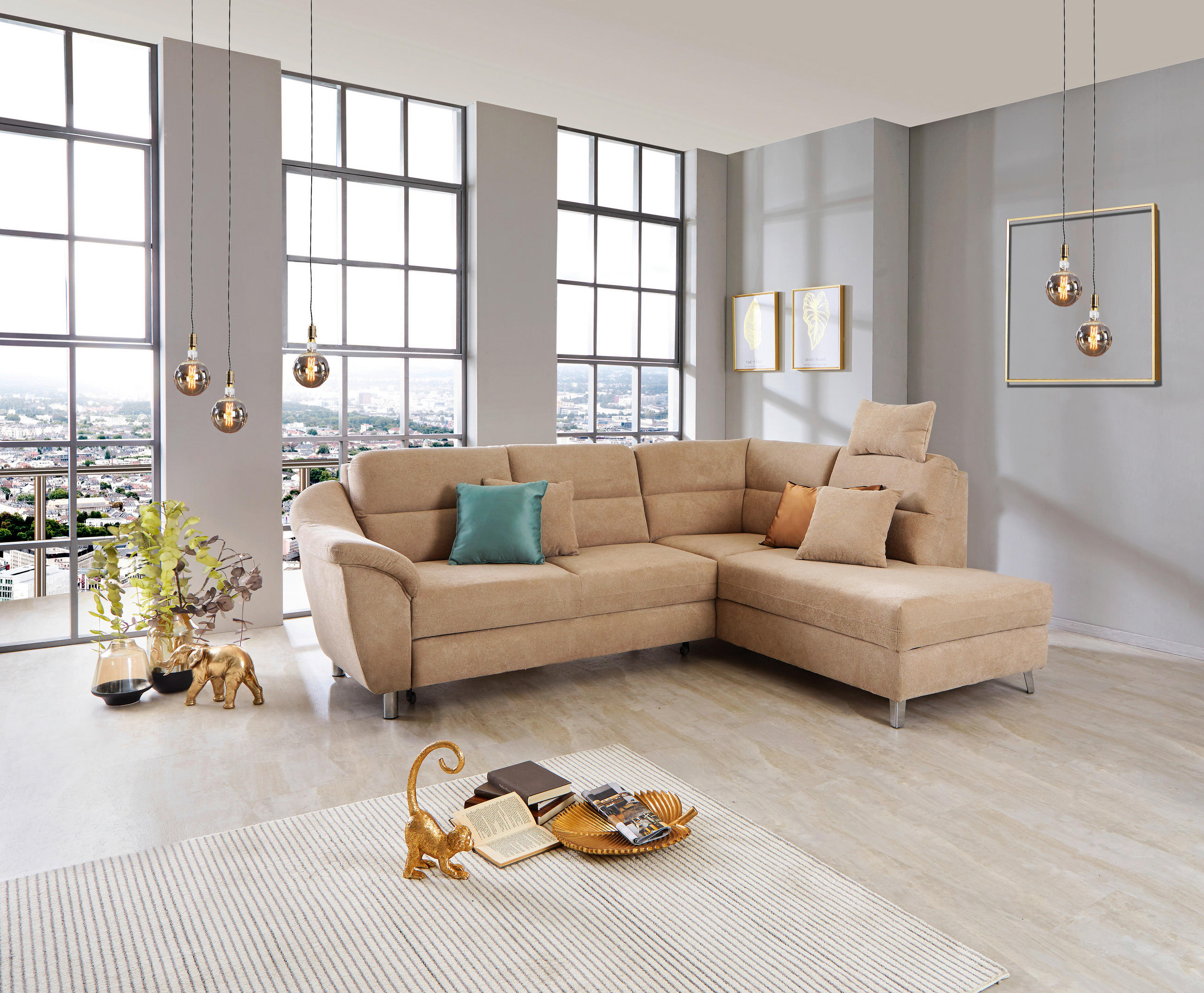HÖRNSOFFA i velour beige  - beige/silver, Klassisk, metall/textil (248/197cm) - Livetastic