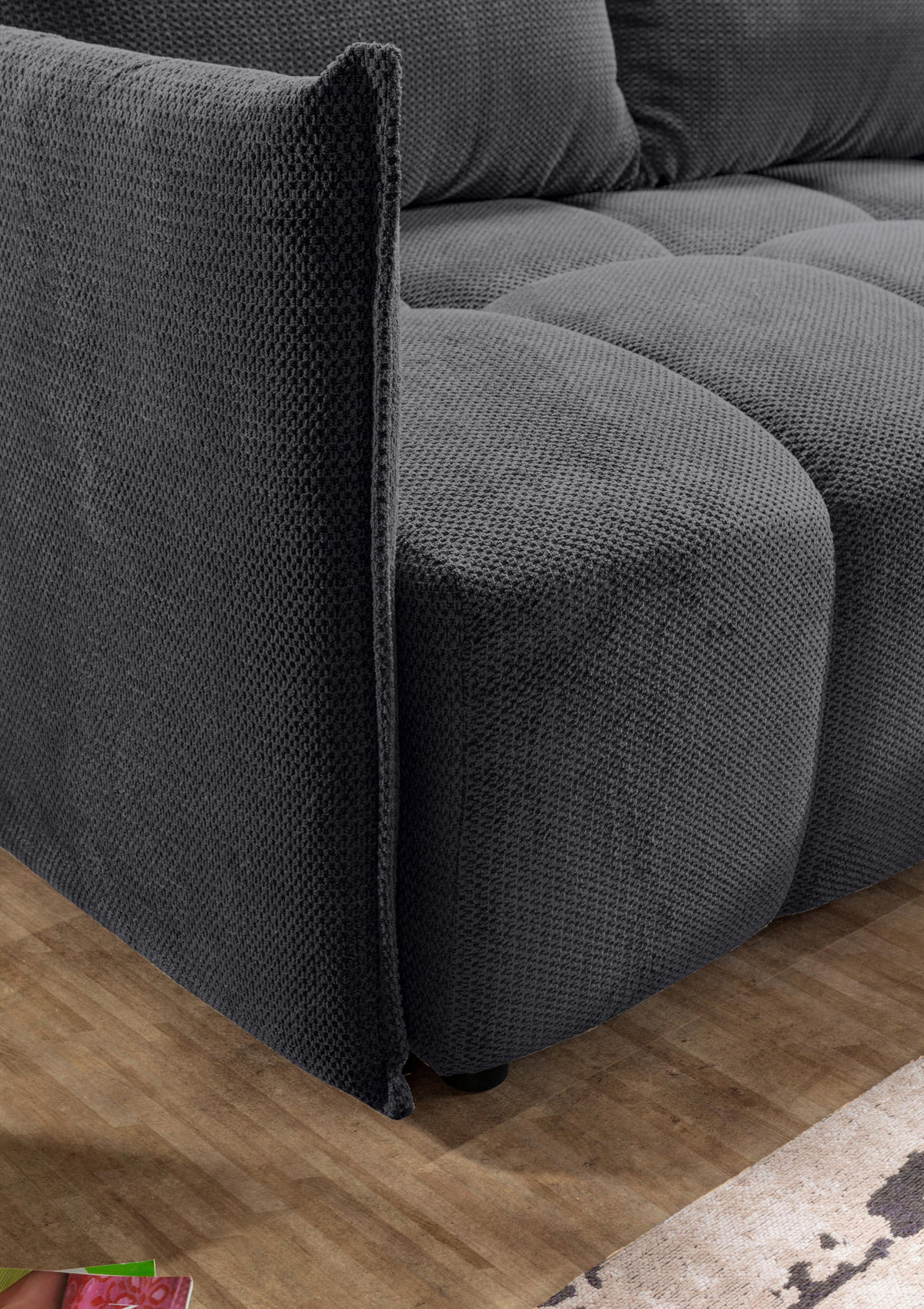 ECKSOFA Anthrazit Plüsch Zierkissen, Rückenkissen, Bettkasten, Schlaffunktion, Rücken echt, Liegefläche im Originalstoff  - Anthrazit/Schwarz, KONVENTIONELL, Kunststoff/Textil (253/192cm) - Carryhome