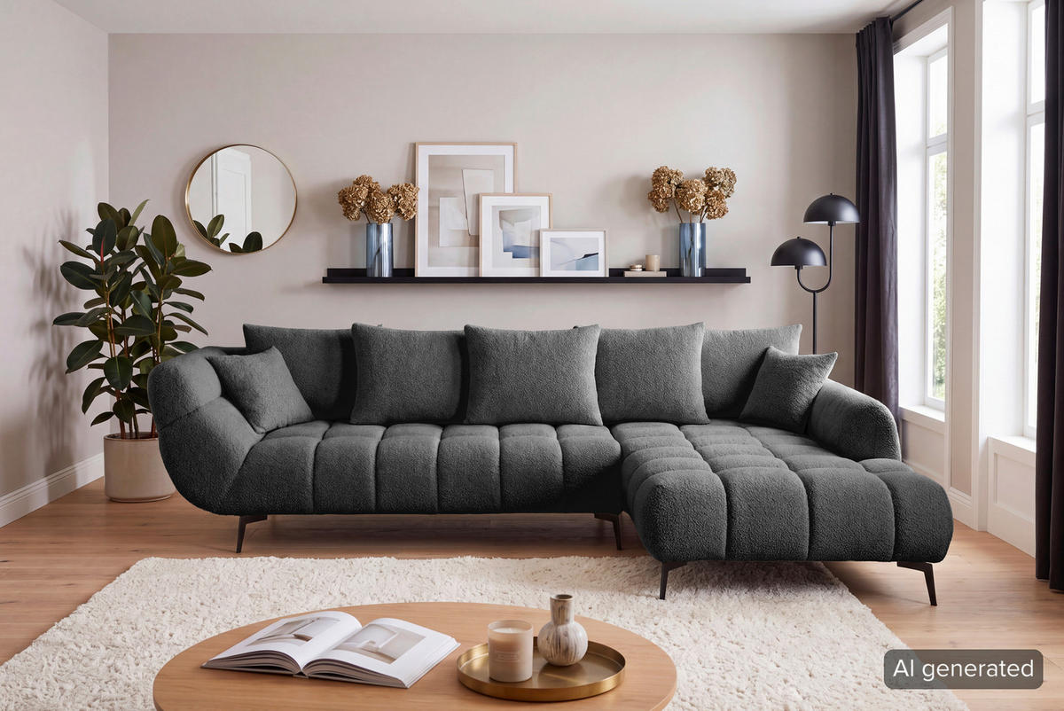 ECKSOFA 318/217 cm  in Bouclé Schwarz Zierkissen, Rückenkissen, Rücken echt  318/217 cm  - Schwarz, MODERN, Textil/Metall (318/217cm) - Carryhome