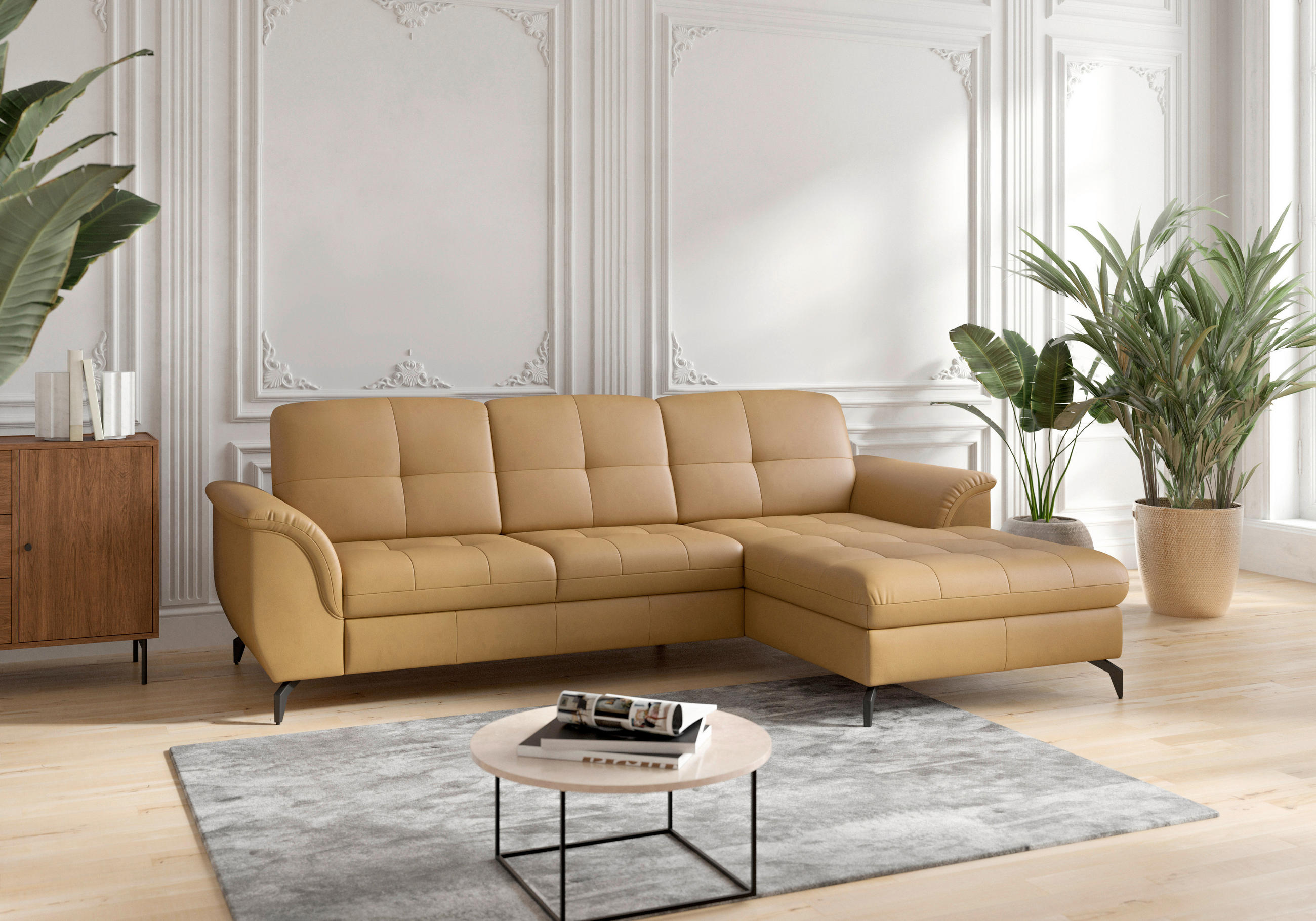 ECKSOFA in Vliesstoff Kombination Echtleder/Stoff Currygelb  262/164 cm  - Currygelb/Schwarz, MODERN, Leder/Textil (262/164cm) - Sit & More