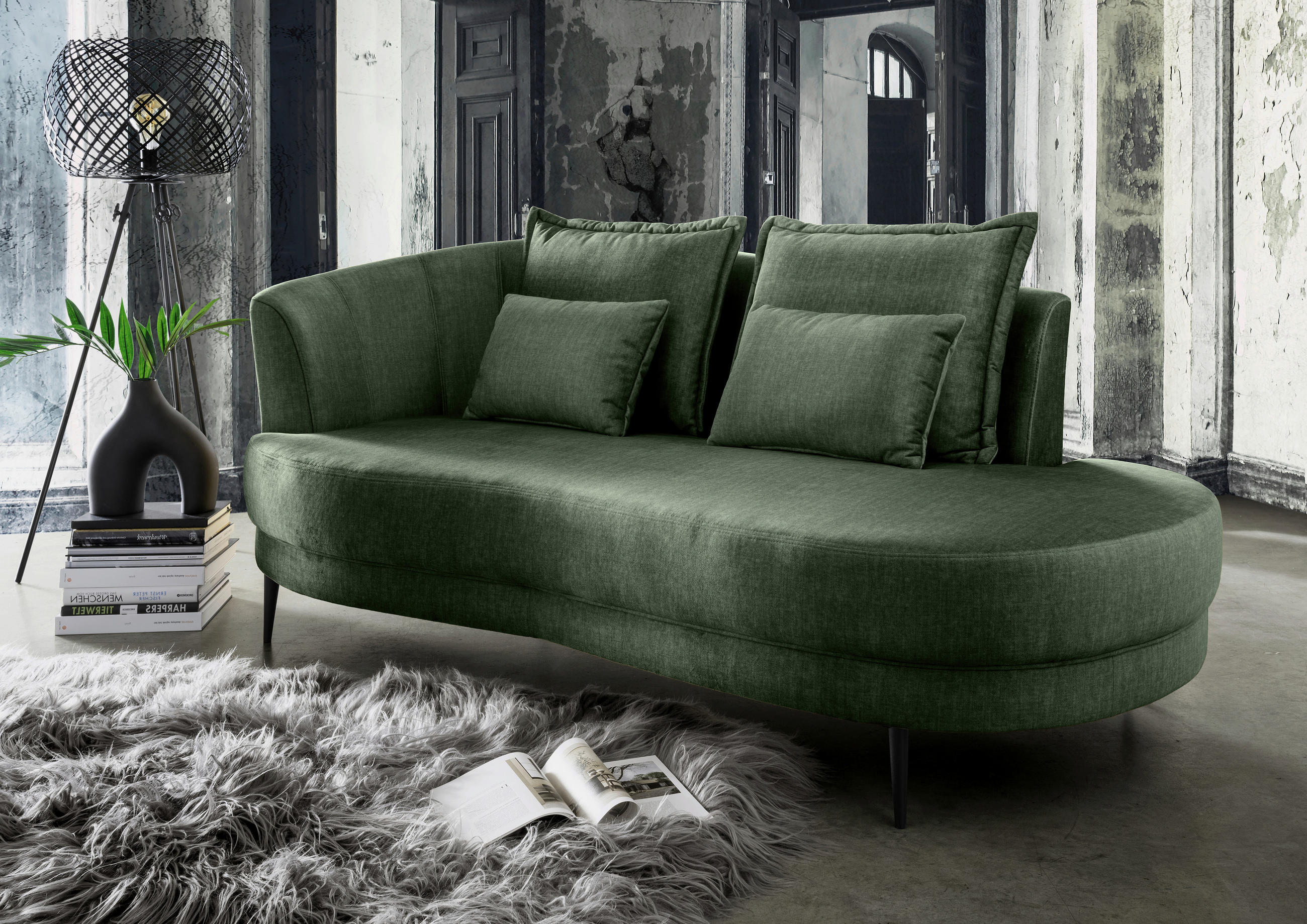 OTTOMANE in Velours Dunkelgrün  - Dunkelgrün/Schwarz, Modern, Textil/Metall (211/85/101cm) - Livetastic