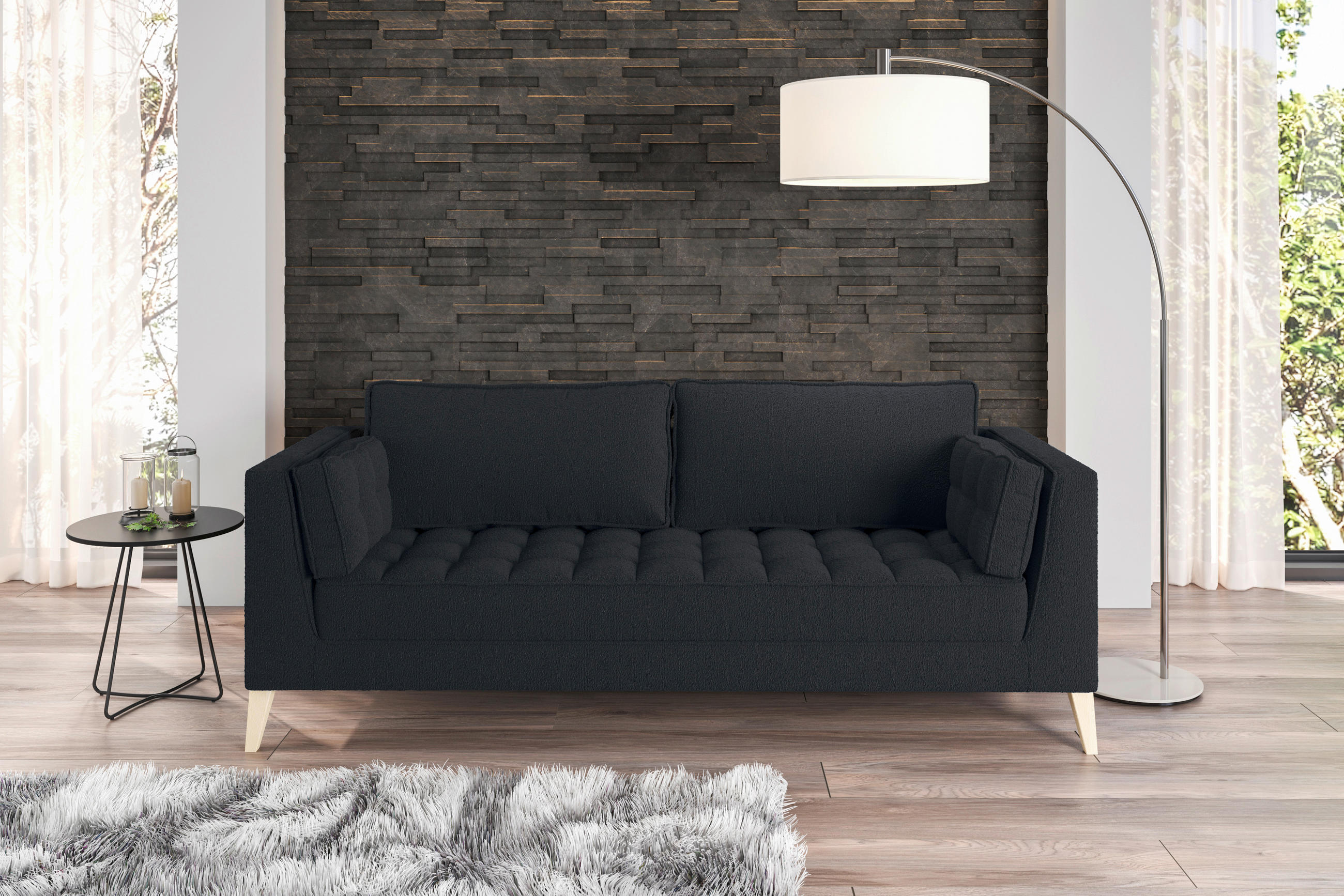 3-SITZER-SOFA in Bouclé Schwarz  - Schwarz/Naturfarben, Design, Holzwerkstoff/Textil (170/95/85cm) - MID.YOU