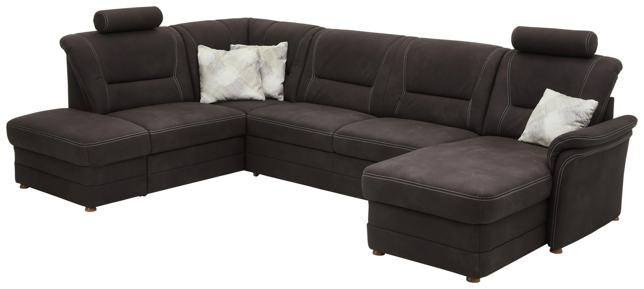 Thumbnail - Carryhome Wohnlandschaft, Dunkelbraun, Textil, Buche, massiv, 5-Sitzer, Ottomane rechts, U-Form, 327x218 cm, Goldenes M,...