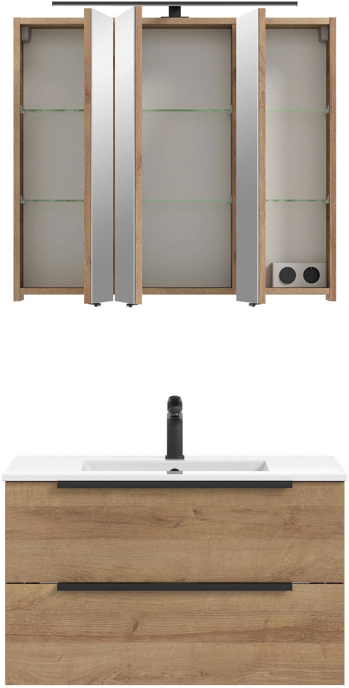 BADEZIMMER 2-teilig  in 81 cm  - Eichefarben/Schwarz, Natur, Glas/Keramik (81cm) - Sadena