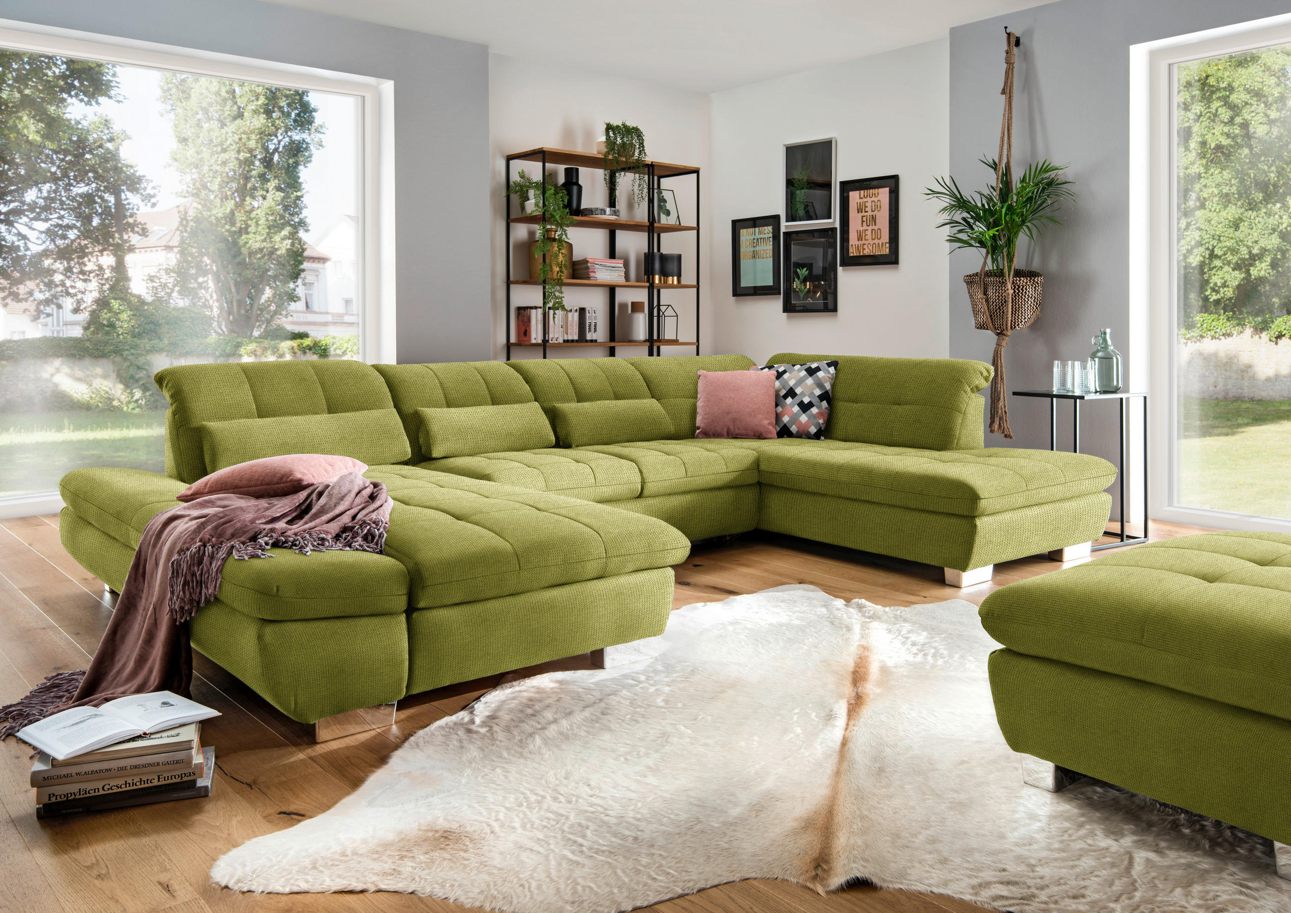 WOHNLANDSCHAFT in Mikrofaser Hellgrün  - Chromfarben/Hellgrün, Design, Kunststoff/Textil (204/350/211cm) - Xora