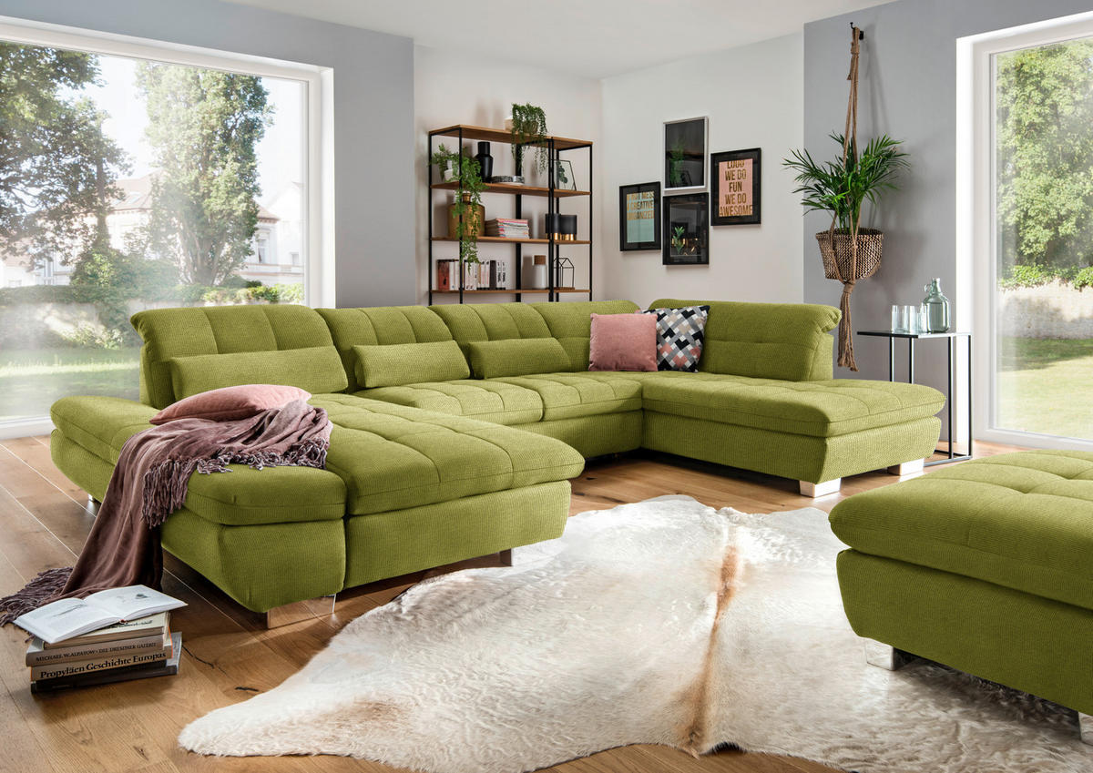 WOHNLANDSCHAFT in Mikrofaser Hellgrün  - Chromfarben/Hellgrün, Design, Kunststoff/Textil (204/350/211cm) - Xora