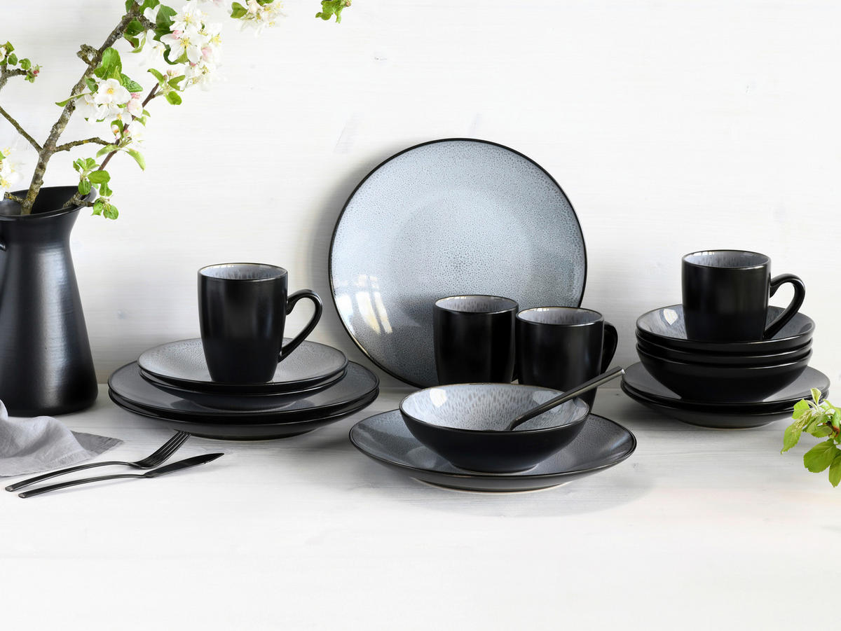 KOMPLETT SERVIS Malmö 16 delar  - gråvit/svart, Basics, keramik - Creatable