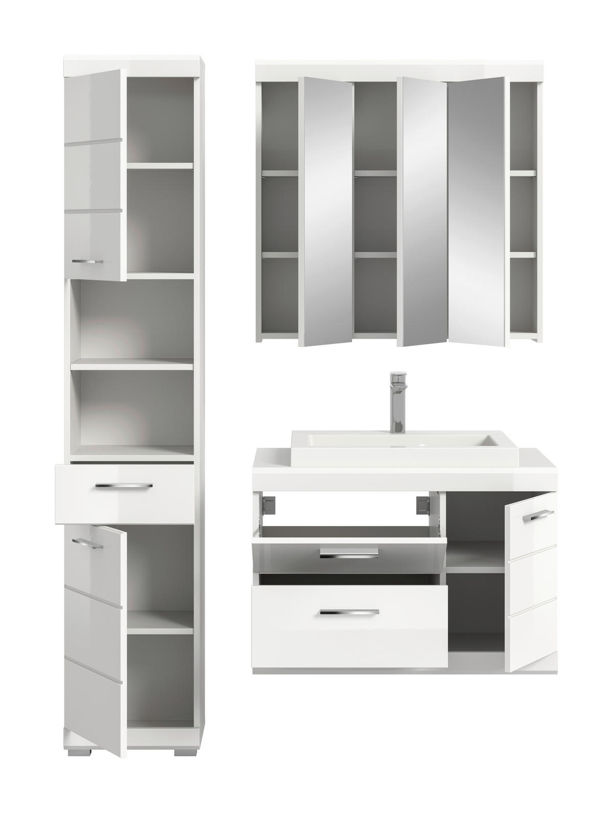 BADEZIMMER 4-teilig  in 132 cm  - Weiß Hochglanz/Silberfarben, Trend, Glas/Holzwerkstoff (132cm) - MID.YOU