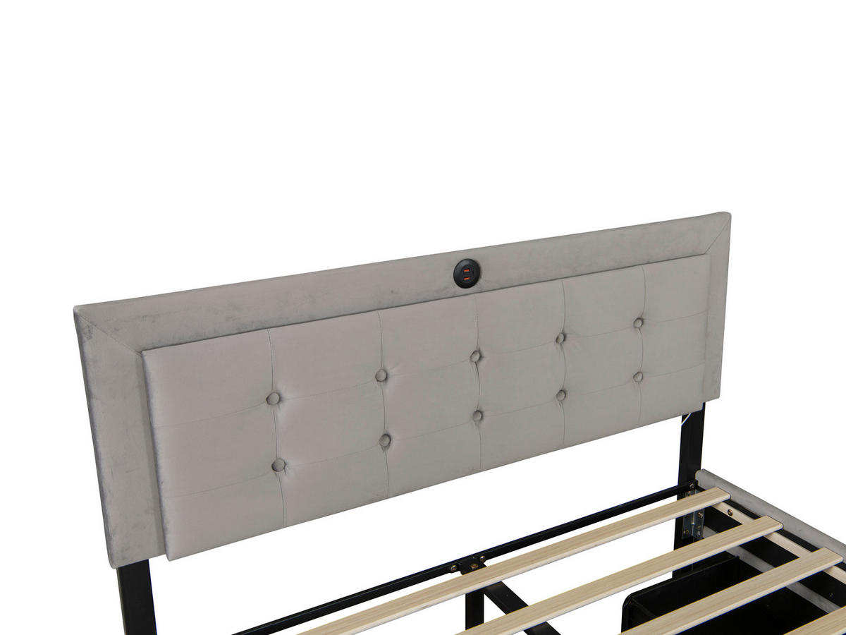 POLSTERBETT 140/200 cm,  in Grau, Lattenrost, Bettschubladen, Kopfteilbeleuchtung,  - Schwarz/Naturfarben, Design, Holz/Kunststoff (140/200cm) - Boxxx