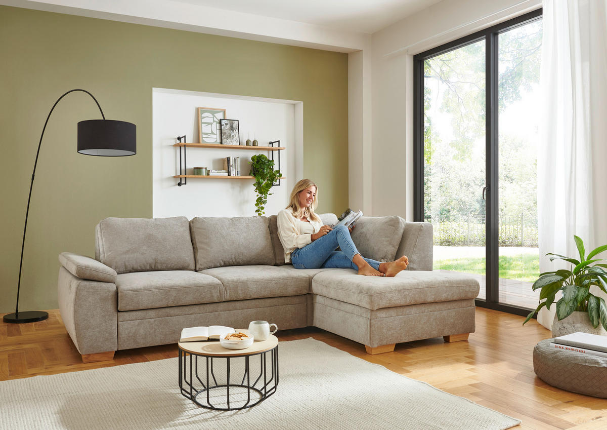 ECKSCHLAFSOFA  in Chenille Hellbraun  - Hellbraun/Eiche Bianco, KONVENTIONELL, Holz/Textil (253/170cm) - Beldomo Style