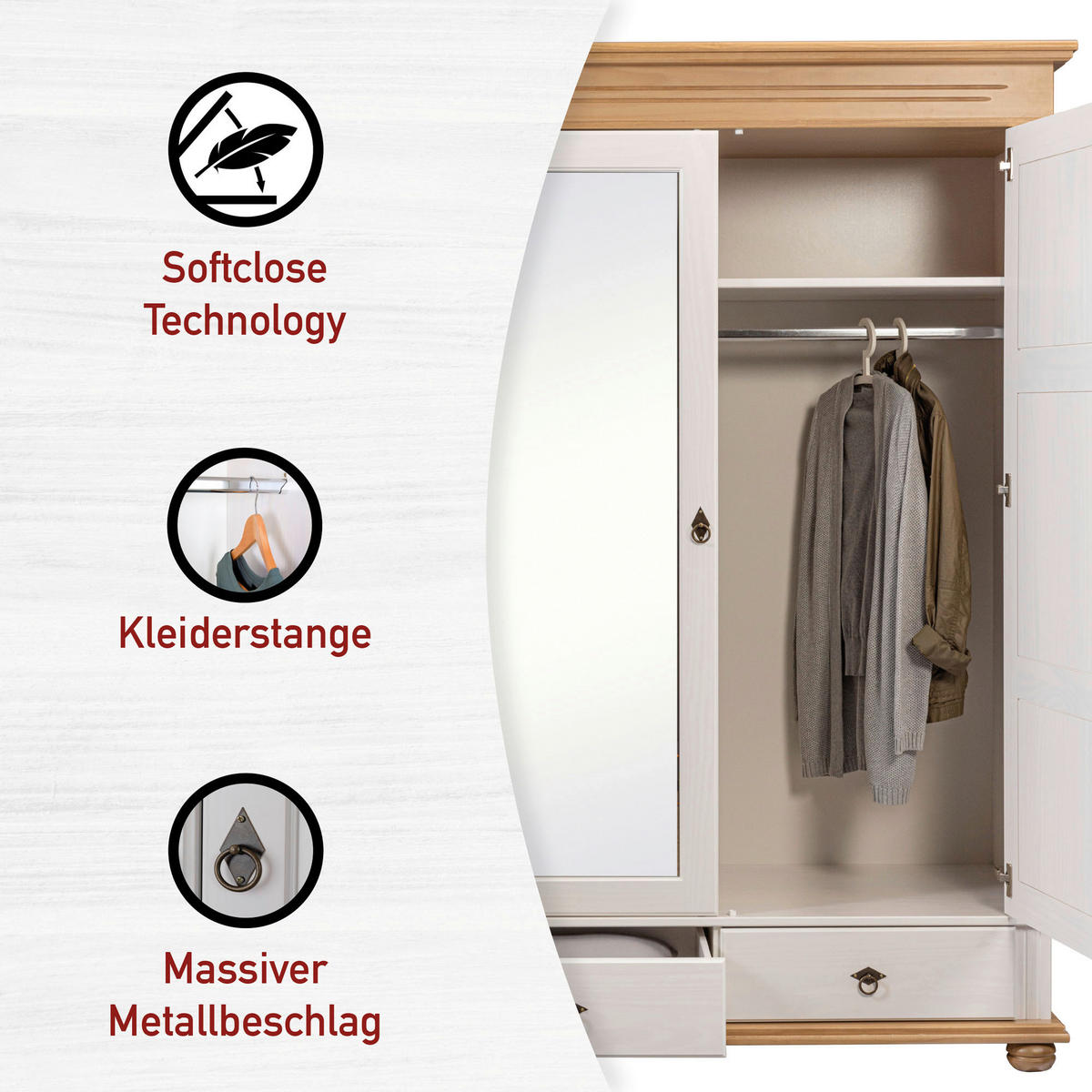 KLEIDERSCHRANK  in Weiß, Eichefarben  - Eichefarben/Schwarz, LIFESTYLE, Glas/Holz (194/220/62cm) - Ti'me