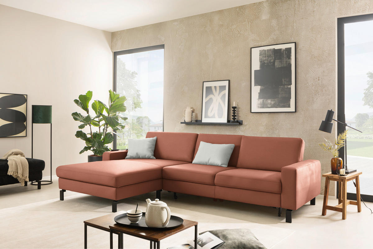 ECKSOFA  in Cord Rostfarben Rücken echt, Sitztiefenverstellung  185/298 cm  - Rostfarben/Schwarz, Design, Textil/Metall (185/298cm) - Pure Home Lifestyle