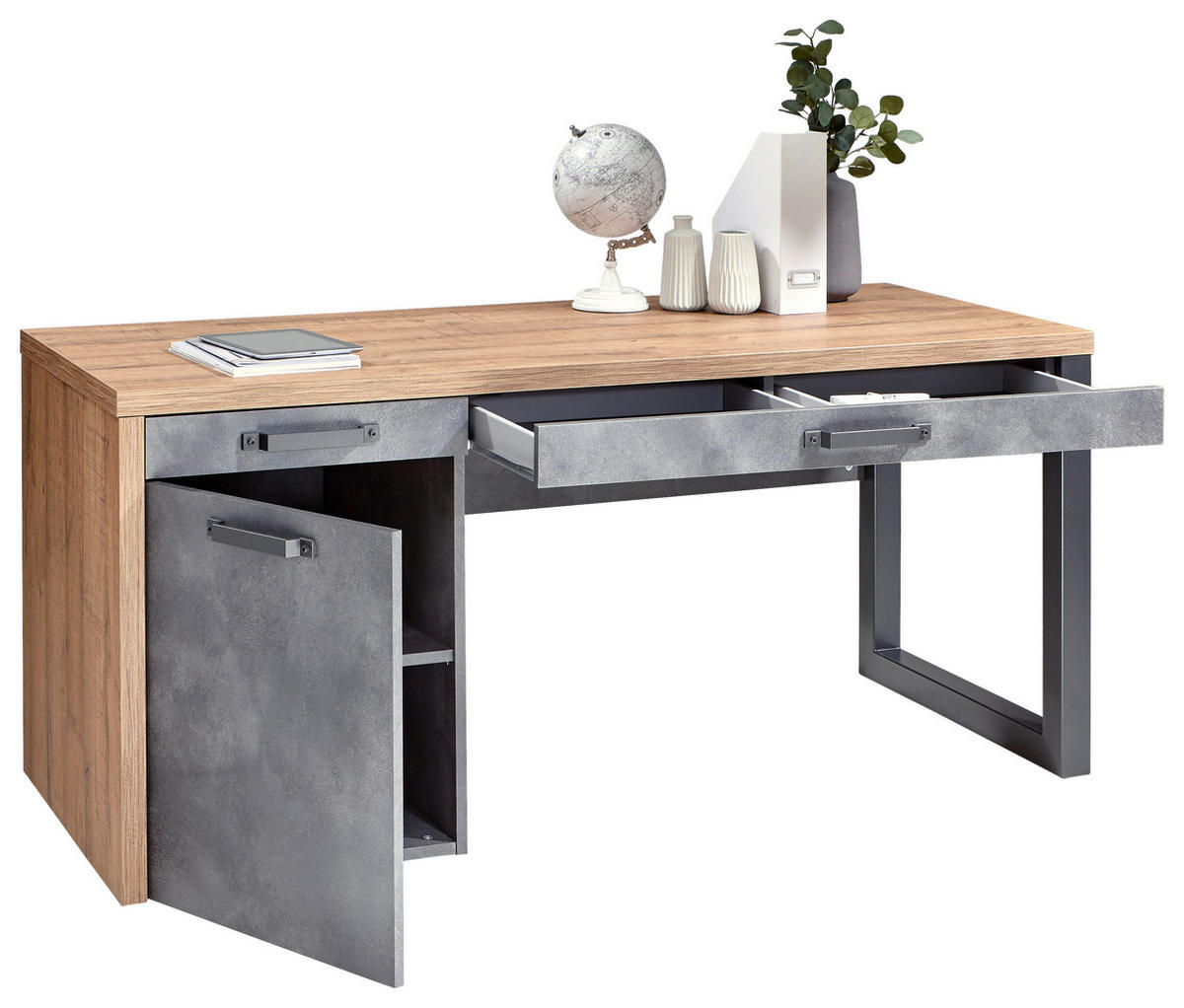 Birou in material pe bază de lemn  - culoare lemn stejar/gri, Trend, metal/material pe bază de lemn (170/69/76cm) - Stylife