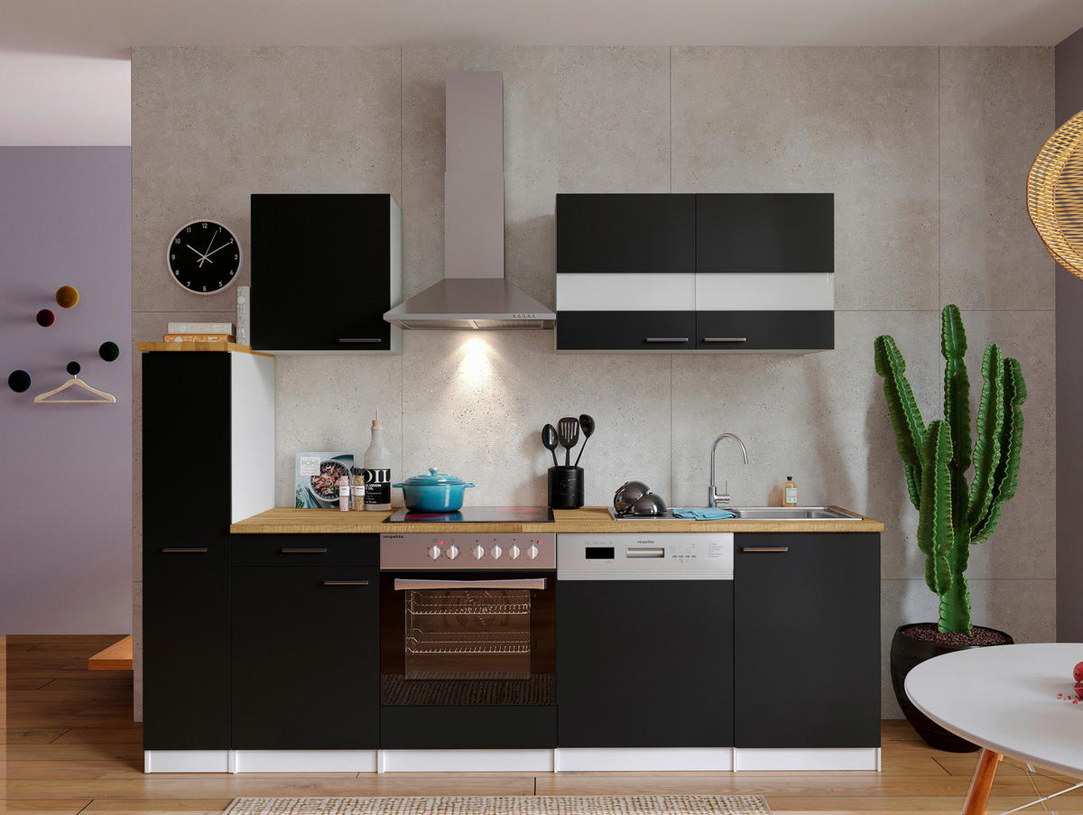KÜCHENBLOCK 250 cm   in Schwarz  - Weiss/Edelstahlfarben, Basics, Holzwerkstoff/Metall (250cm) - Respekta