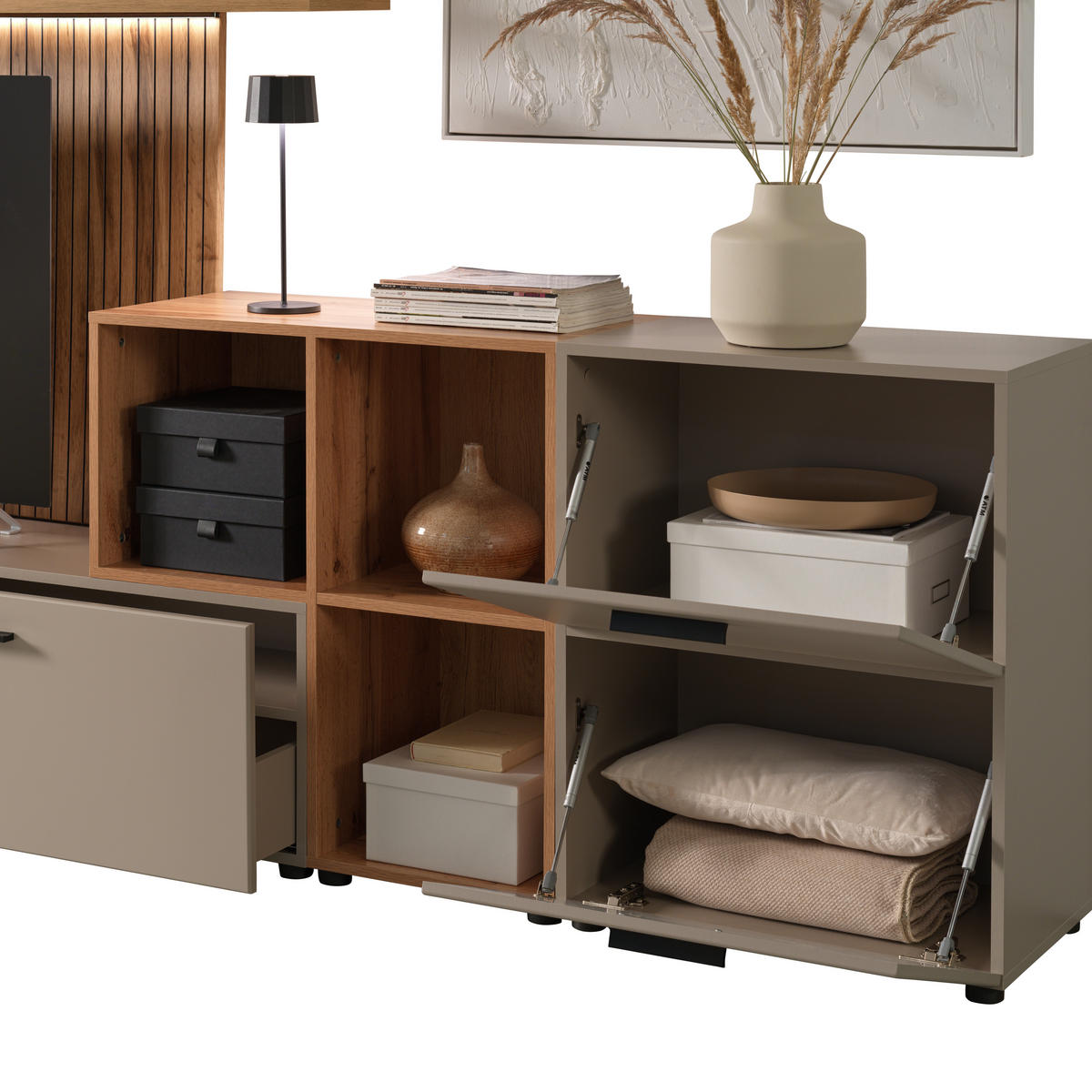 OBÝVACÍ STĚNA, barvy dubu, šedobéžová - černá/barvy dubu, Moderní, kompozitní dřevo/plast (296/190/40cm) - Carryhome