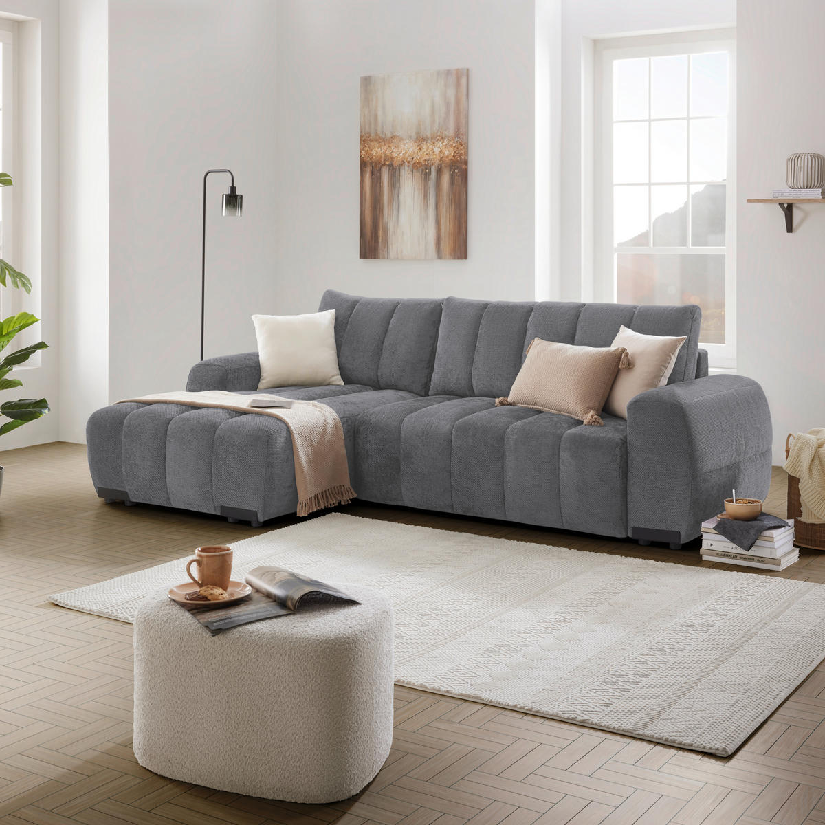 ECKSOFA Flachgewebe Grau  - Schwarz Hochglanz/Grau, Modern, Textil/Metall (166/93/273cm) - MID.YOU