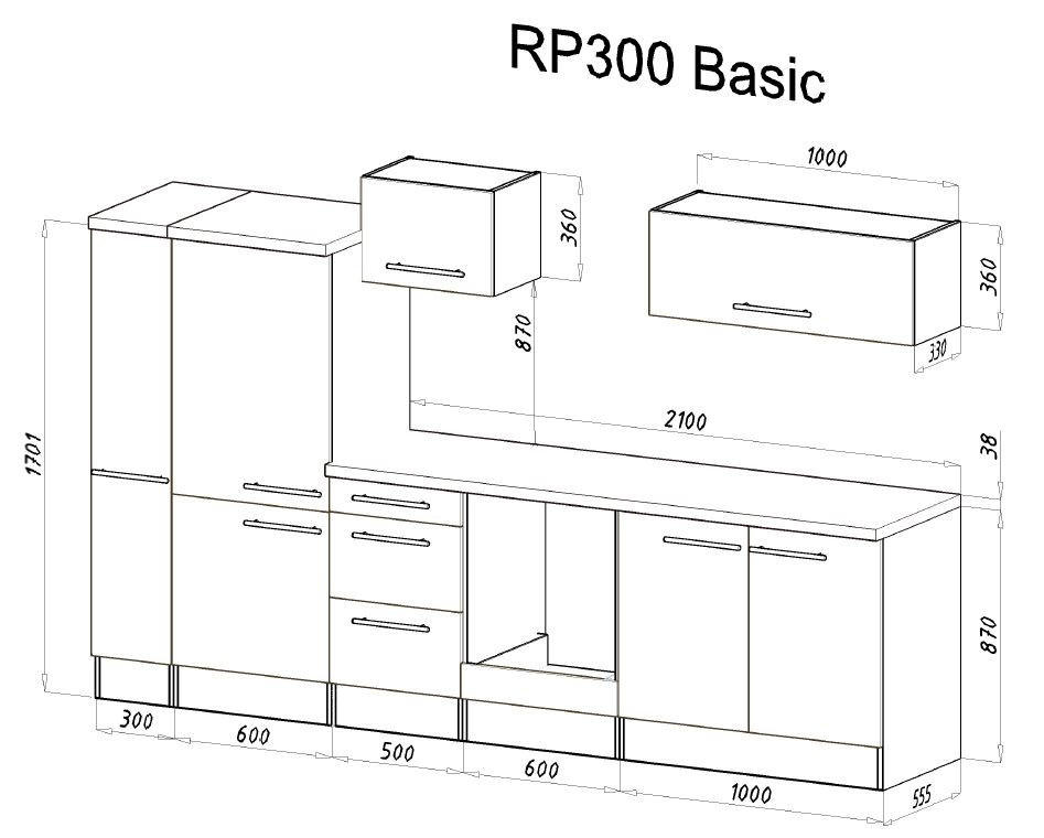 KÜCHENBLOCK 300 cm   in Schwarz, Weiß  - Edelstahlfarben/Schwarz, KONVENTIONELL, Holzwerkstoff/Metall (300cm) - Respekta