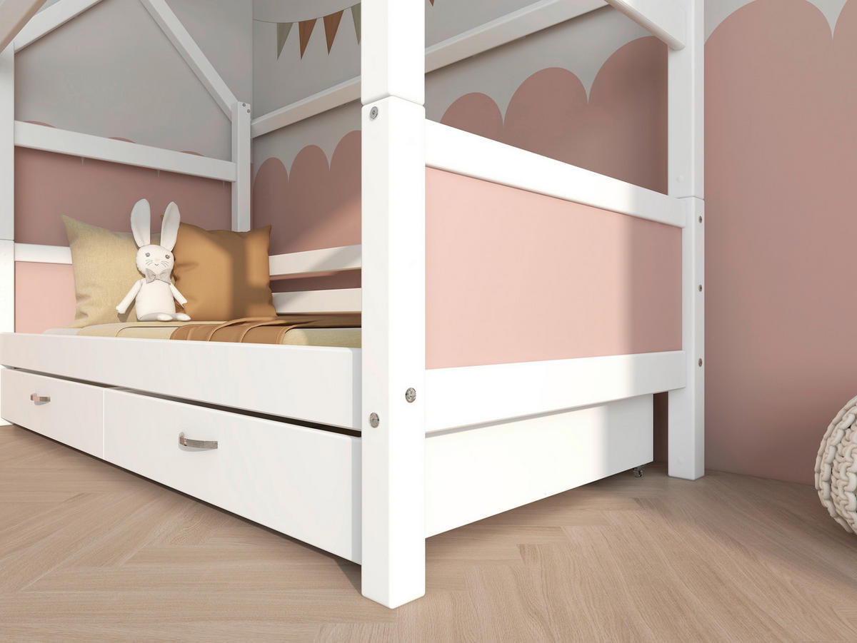 HAUSBETT 90/200 cm,  in Rosa, Weiß, Rollrost, Bettschublade  - Rosa/Weiß, MODERN, Holz (90/200cm) - Chameo