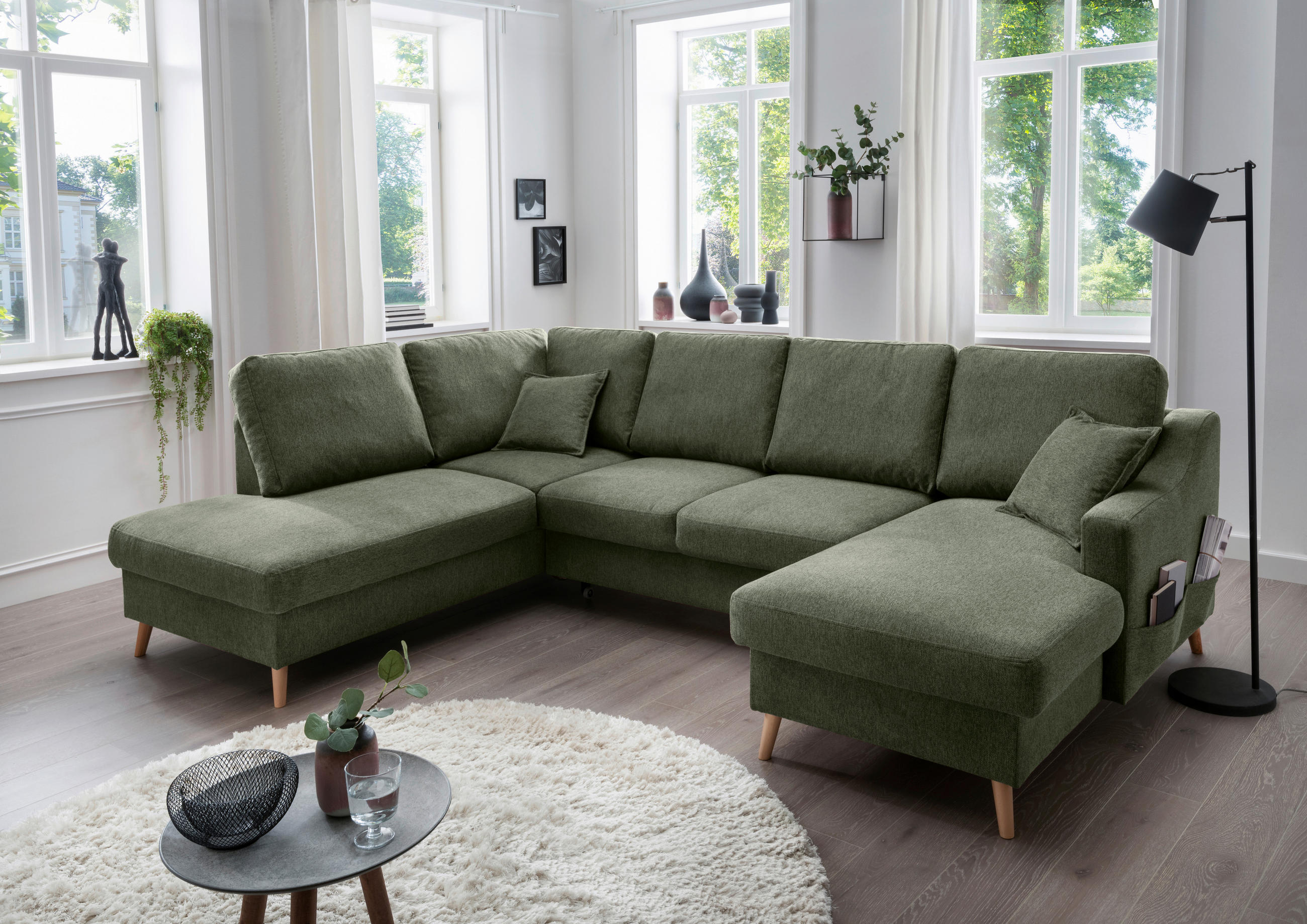 WOHNLANDSCHAFT Dunkelgrün Chenille  - Dunkelgrün/Naturfarben, KONVENTIONELL, Holz/Textil (200/301/150cm) - Livetastic