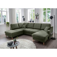 WOHNLANDSCHAFT in Chenille Dunkelgrün  - Dunkelgrün/Naturfarben, Konventionell, Holz/Textil (200/301/150cm) - Livetastic