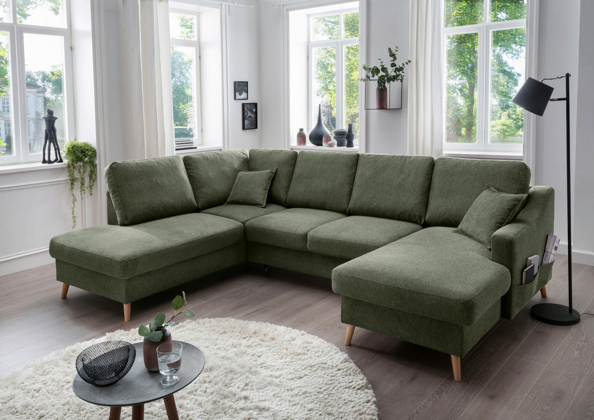 WOHNLANDSCHAFT in Chenille Dunkelgrün  - Dunkelgrün/Naturfarben, Konventionell, Holz/Textil (200/301/150cm) - Livetastic