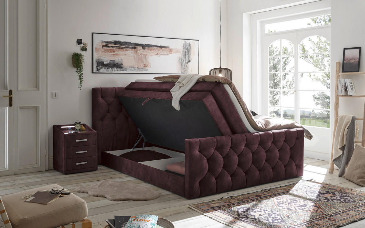 BOXSPRINGBETT 180/200 cm  in Aubergine  - Aubergine/Schwarz, MODERN, Holzwerkstoff/Kunststoff (180/200cm) - MID.YOU
