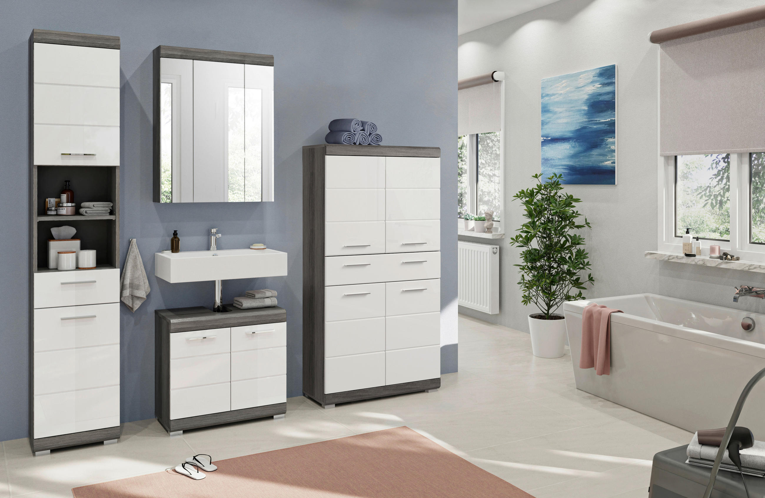 BADEZIMMER 4-teilig  in 171 cm  - Weiß Hochglanz/Grau, MODERN, Holzwerkstoff/Kunststoff (171cm) - MID.YOU