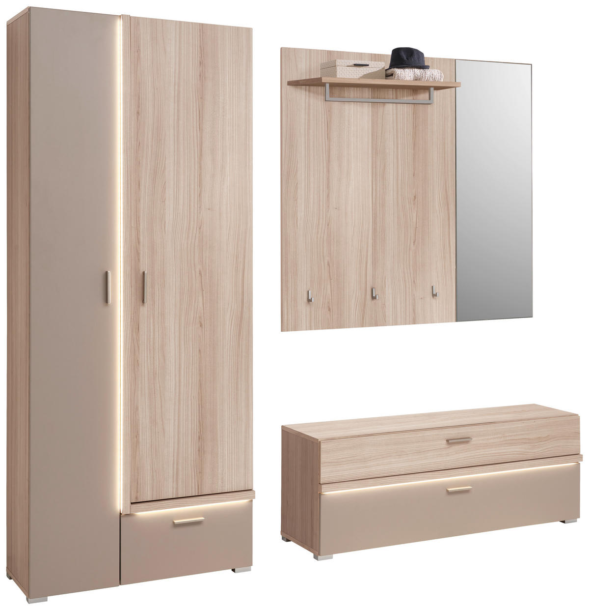 GARDEROBE 3-teilig  in 198/194/38 cm  - Eiche Bianco/Grau, Design, Glas/Holzwerkstoff (198/194/38cm) - Voleo