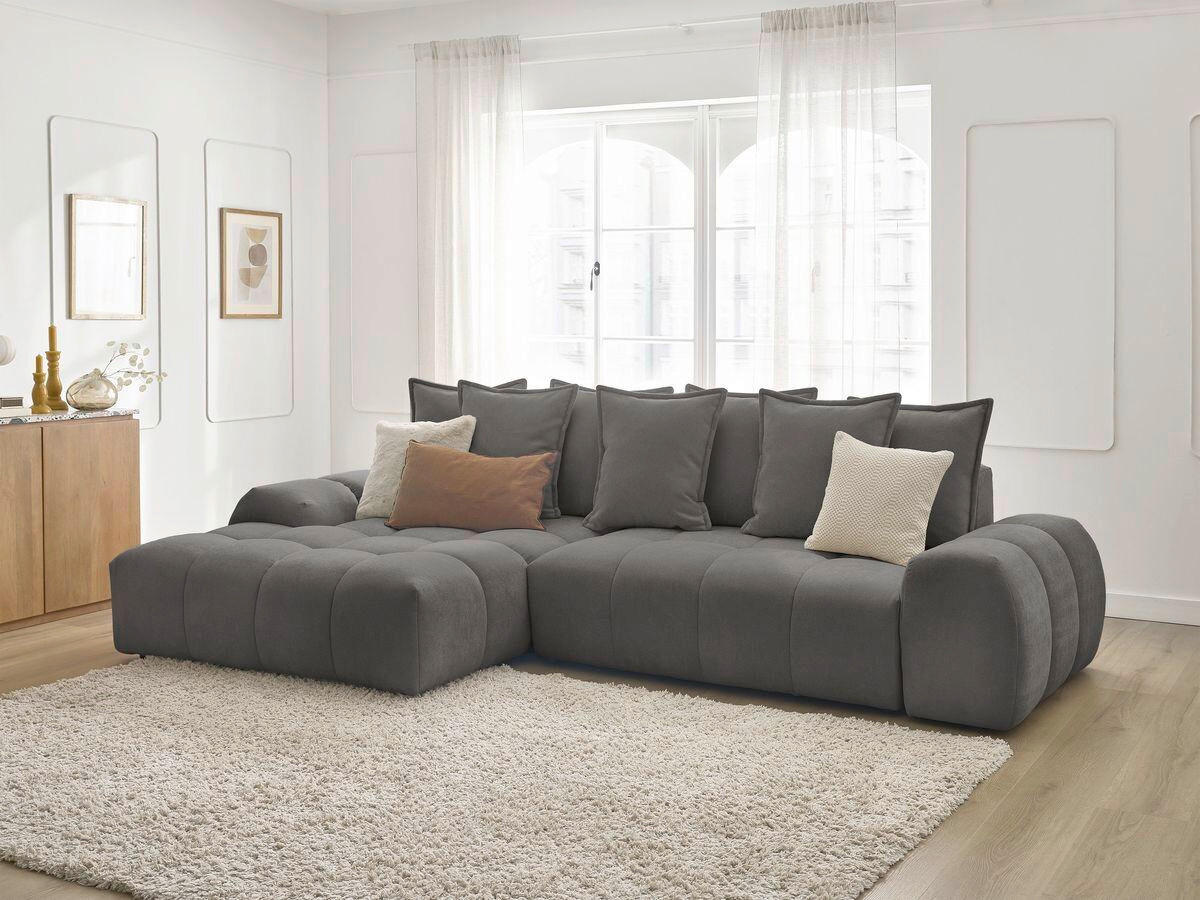 ECKSCHLAFSOFA EVEREST  mit Rücken echt, Armteil links, Armteil rechts Struktur Dunkelgrau  - Dunkelgrau/Schwarz, MODERN, Kunststoff/Textil (180/318cm) - Livetastic
