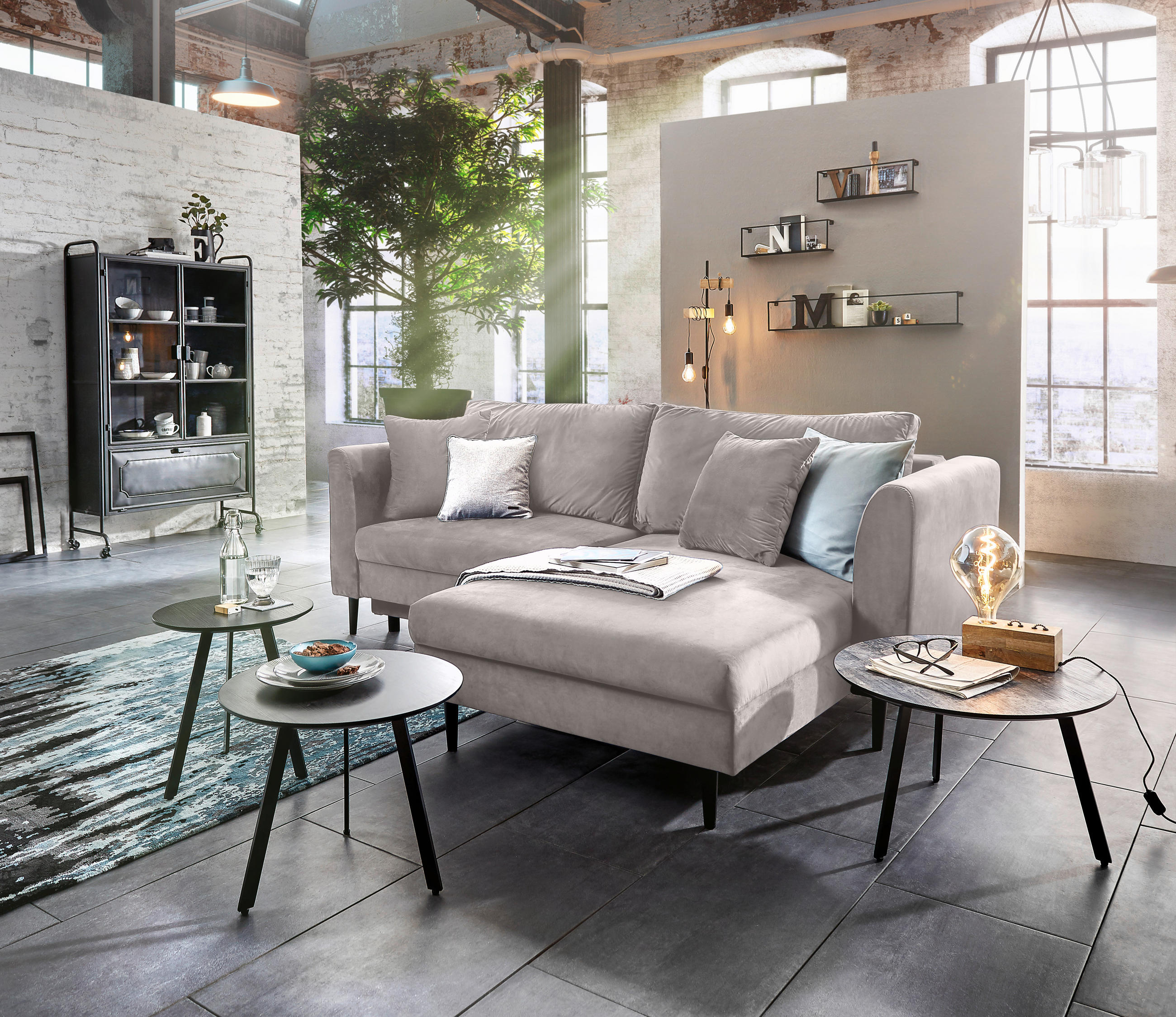 ECKSOFA Creme Velours  - Creme/Schwarz, Design, Holz/Textil (235/165cm) - Ti'me